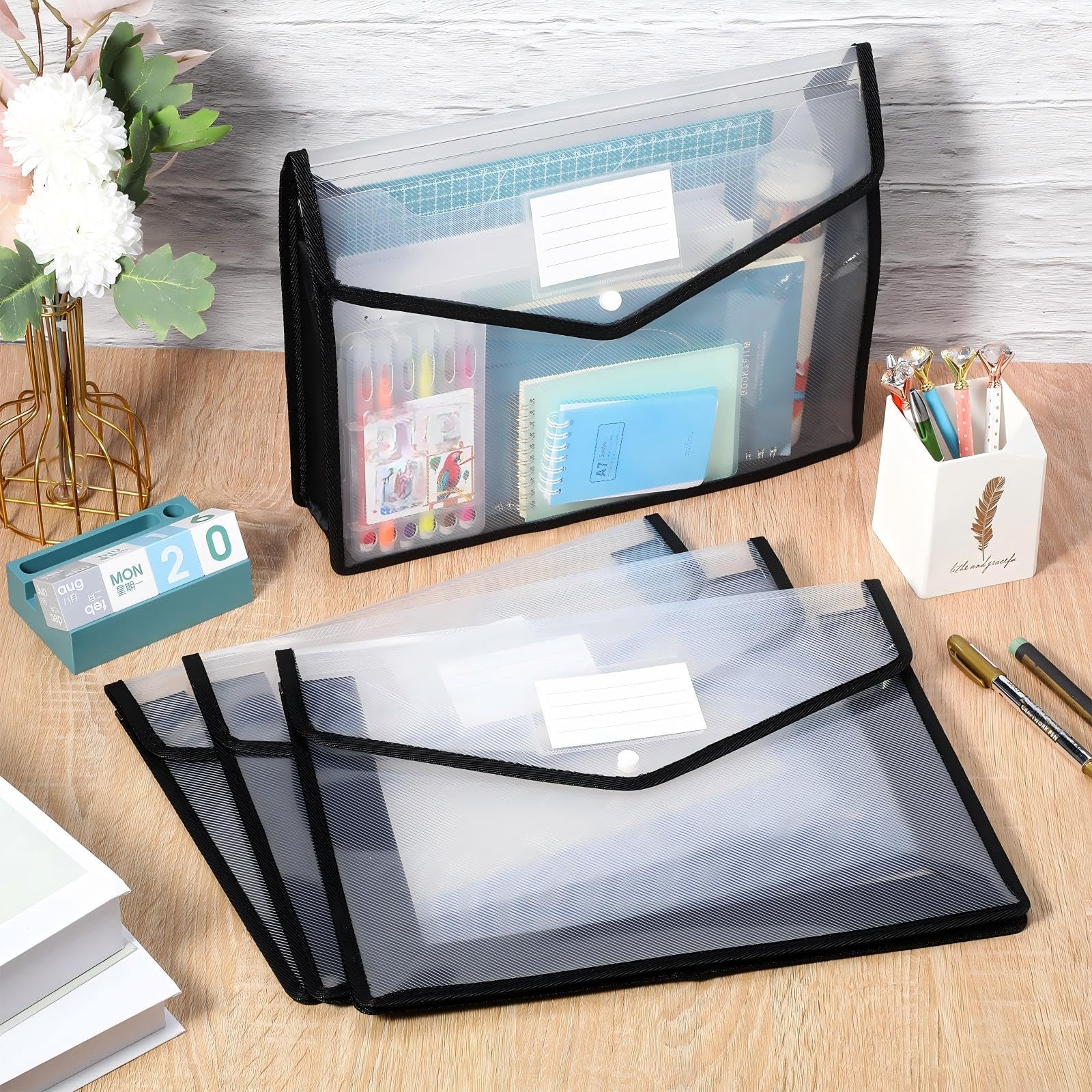 10 cartelle portadocumenti in plastica B4 espandibili per documenti, con chiusura a scatto e tasca, impermeabile, trasparente, per scuola, ufficio, casa, colore: nero