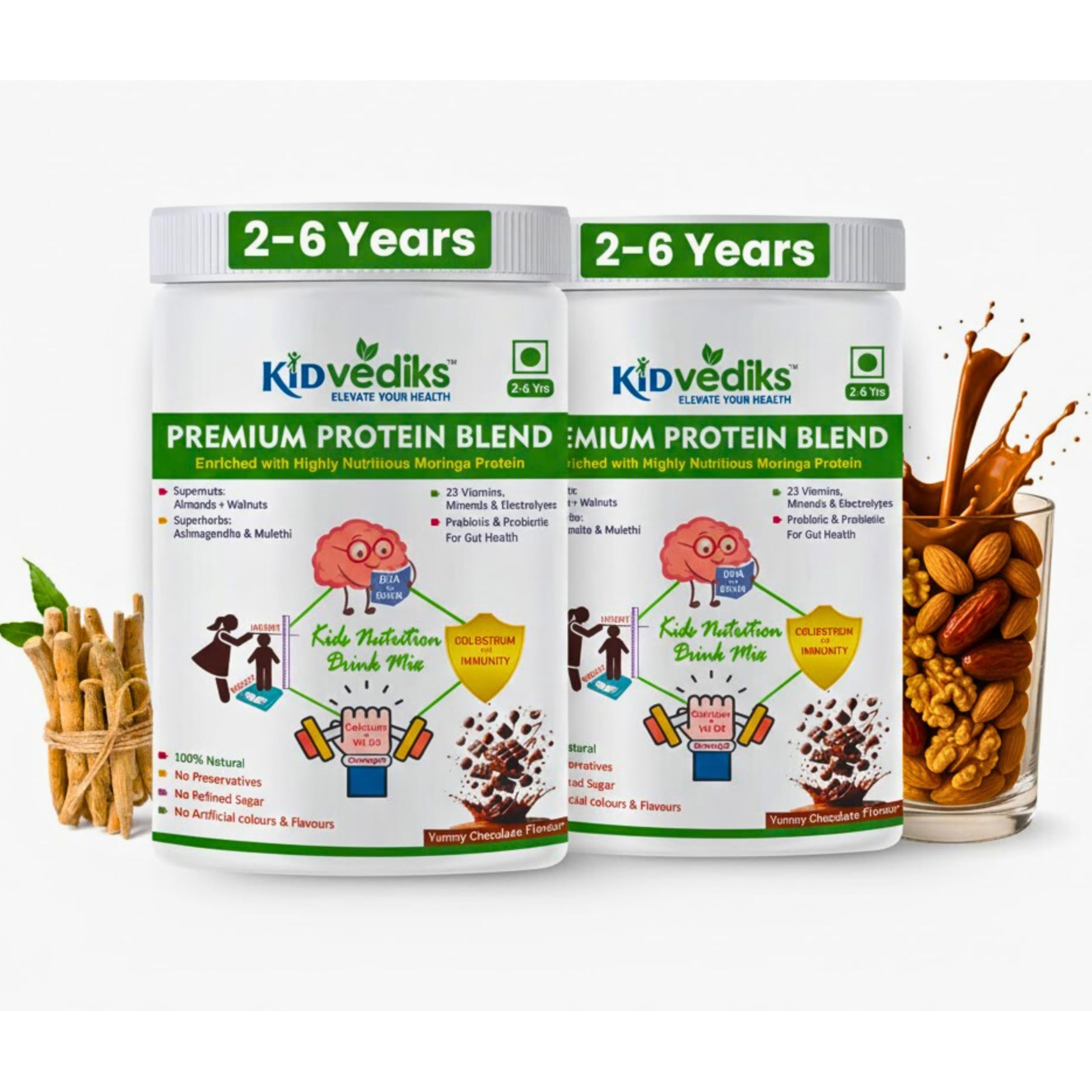 kidvediks Kids Nutrition Drink Mix for 2–6 Years Pack of 2 ( 350g Each) –5 Premium Protein sources+23Vitamins& Minerals ,DHA, Moringa, calcium,zinc| No Refined Sugar, Artificial Flavours or Preservatives|-image-22