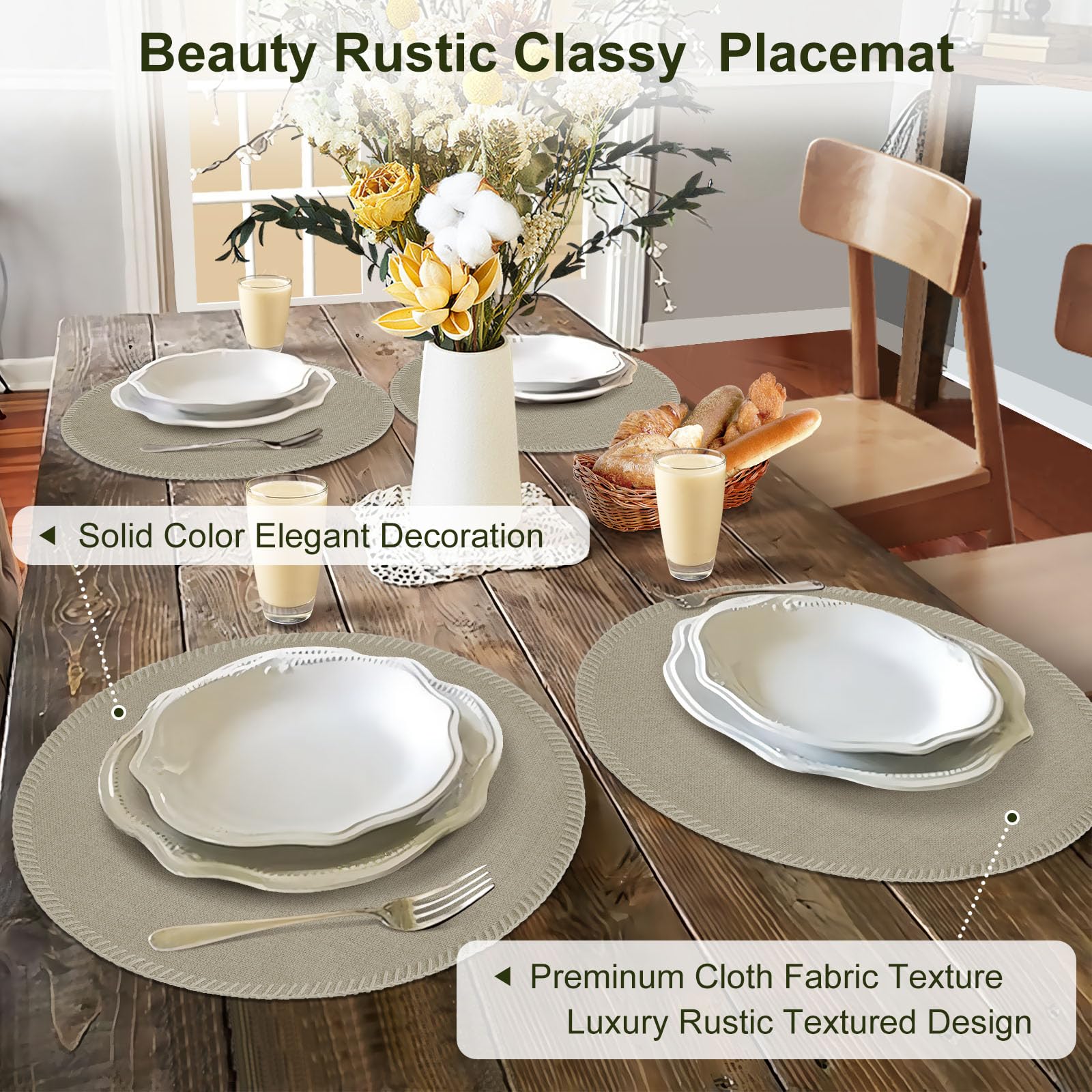 Rinpon Round Placemats Set of 8, Machine Washable Linen-Like Cloth Place Mats & Heat-Resistant for Dining Table - Image 2