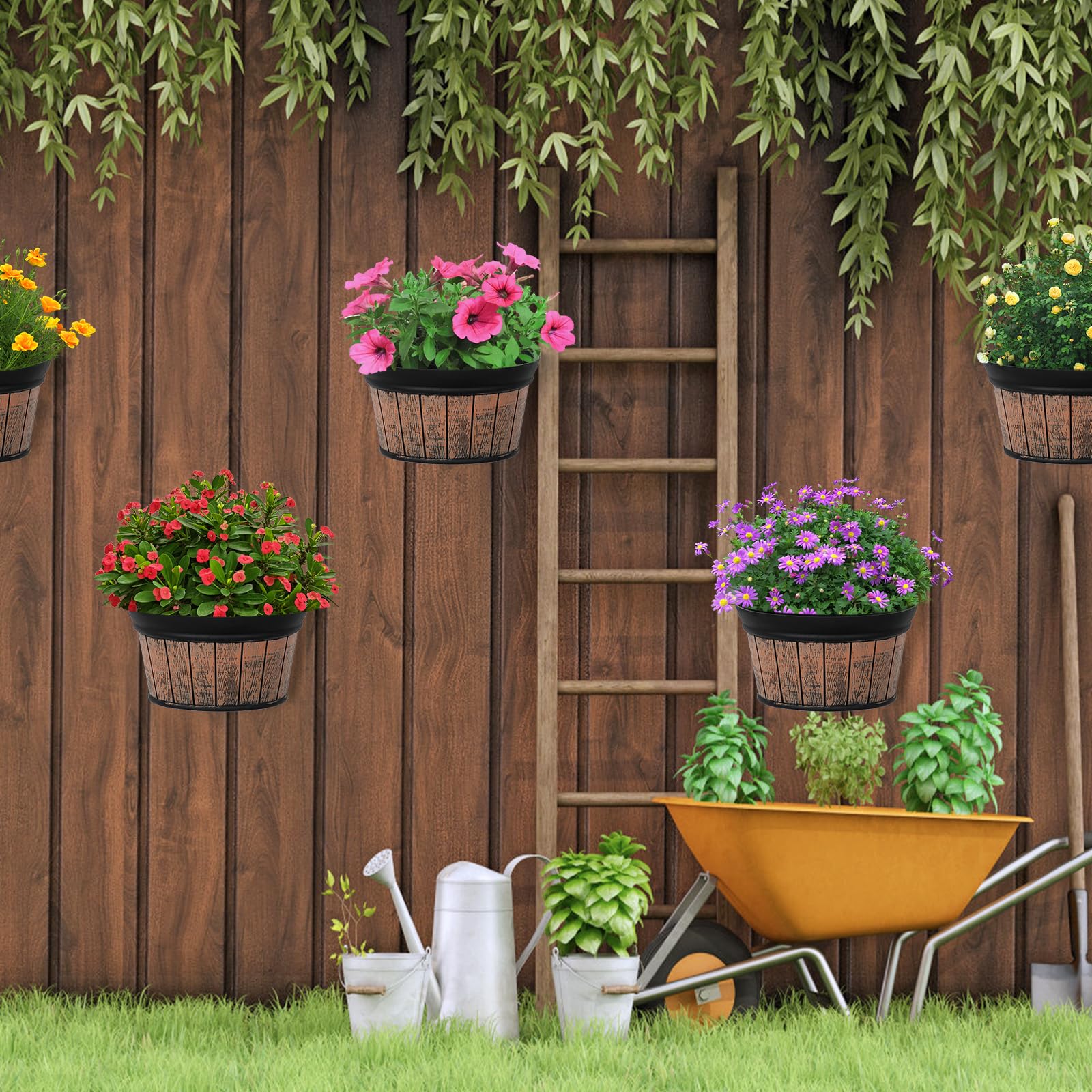 Set 3 Vasi da Fiori da Parete, Set di Vasi Distressed in Quercia, Vasi da Fiori in Plastica Rinforzata con Serbatoio per Acqua per Piante, Fiori, per Interni, Esterni, Ringhiere o Decorazioni
