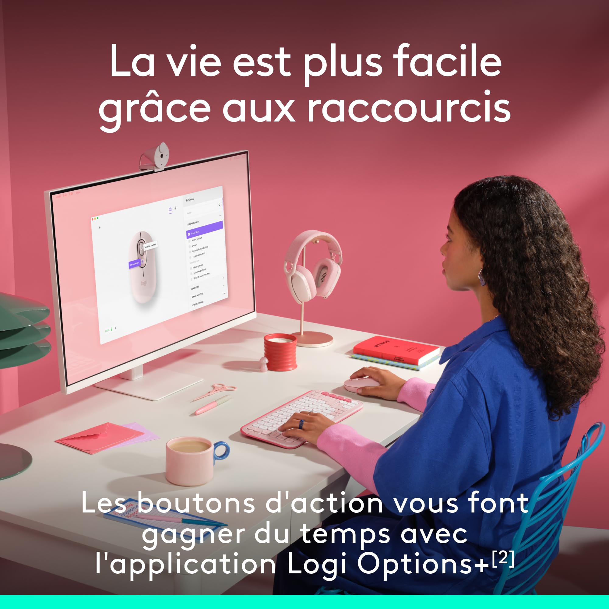 Logitech POP Mouse, souris Bluetooth sans fil compacte et portable avec boutons programmables et clics discrets, Easy-Switch entre 3 dispositifs, ordinateur portable, tablette, PC - Rose