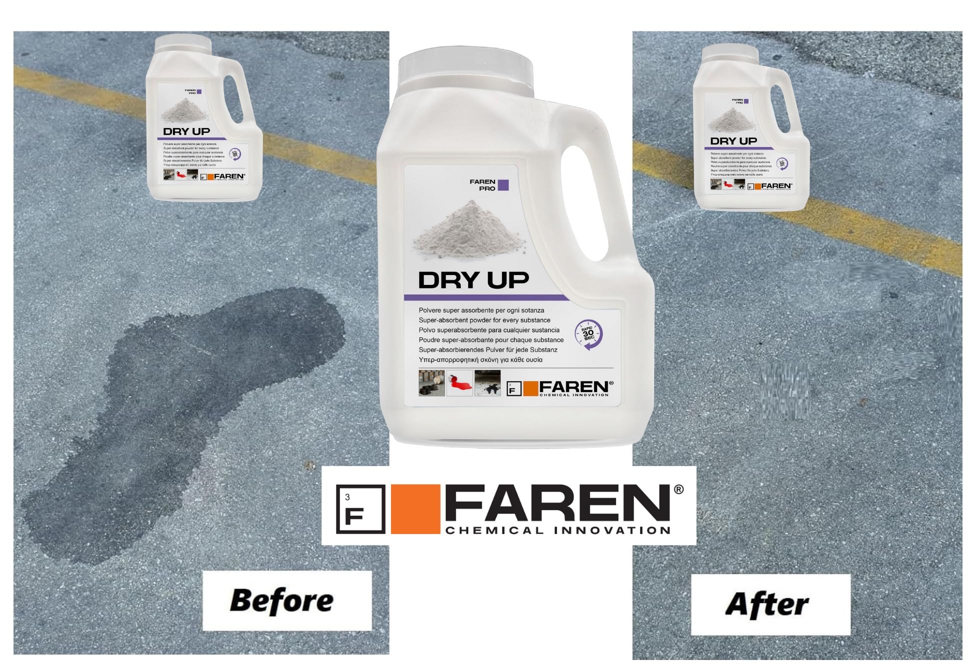 Faren DRY UP, Polvere Assorbente per Liquidi Minerale Ecologica, Ideale per Olio, Vernici, Acidi, Grassi, Pulizia Pavimenti, Assorbi Liquidi, 900g (4)