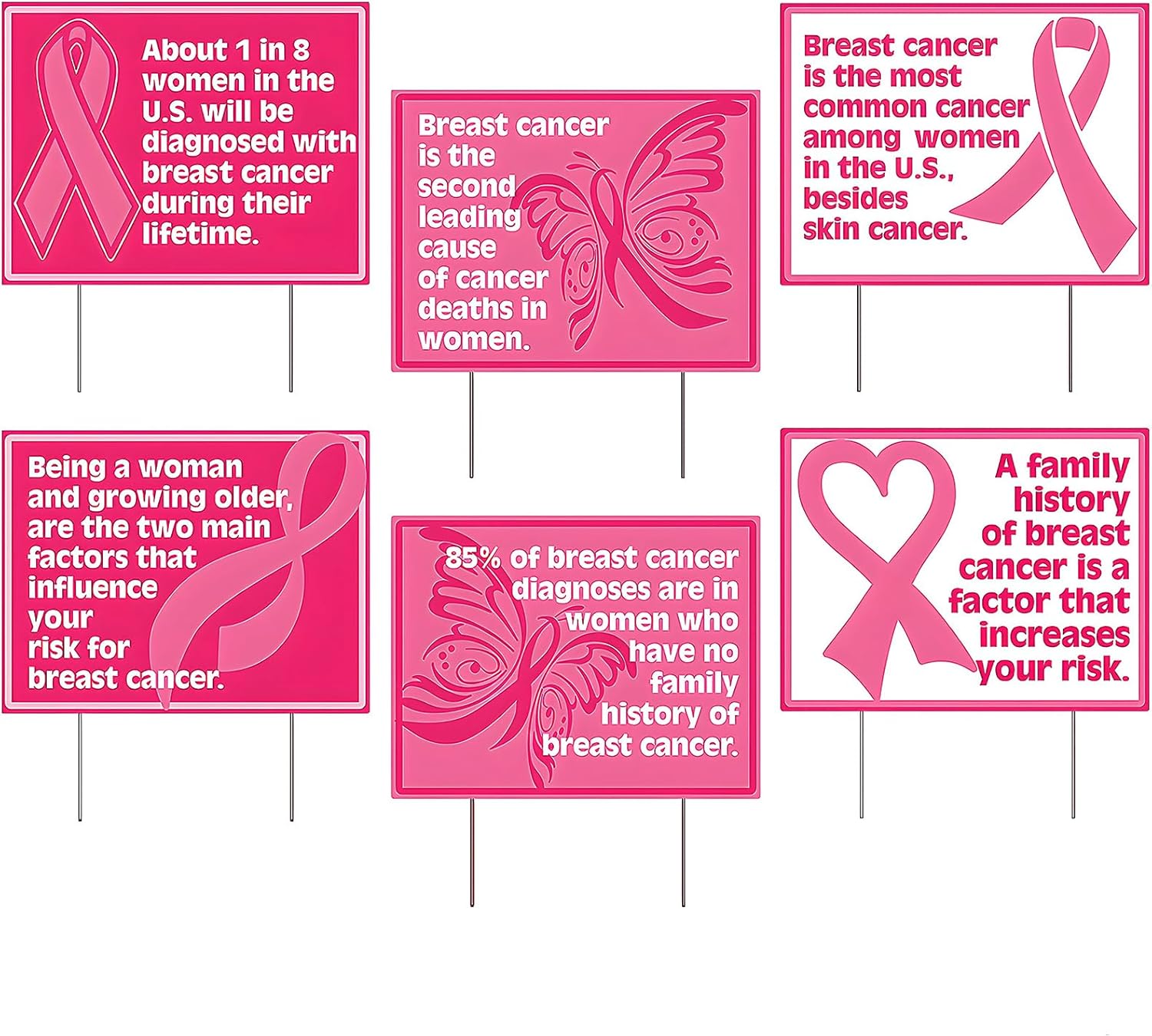 Fun Express Breast Cancer Awareness Facts Yard Signs (Set of 6) Pink Ribbon Supplies