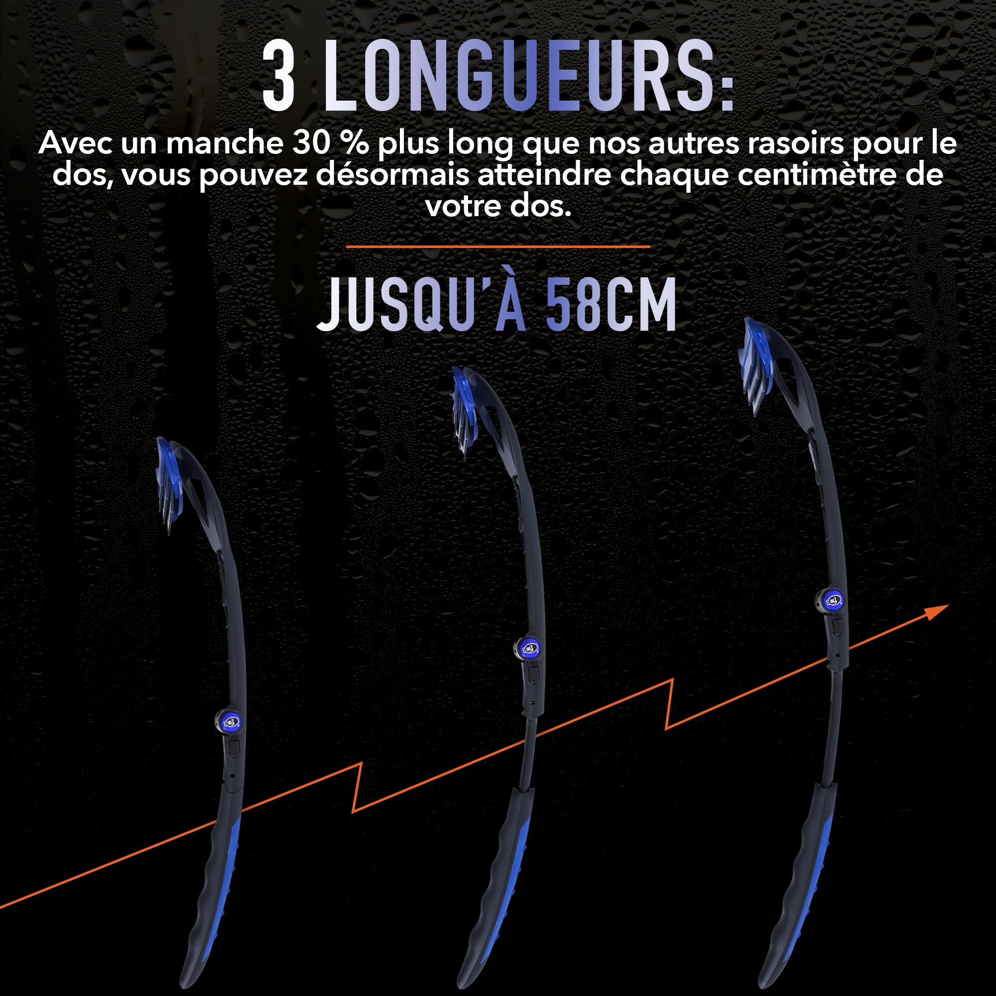 BakBlade 3.0 Stealth Rasoir Dorsal À Long Manche, Double Prise | Manche Ergonomique De 58 Cm, Brosse Exfoliante Incluse, 3 Rangées De Lames, Rasage Sec Ou Humide, Lames Dryglide