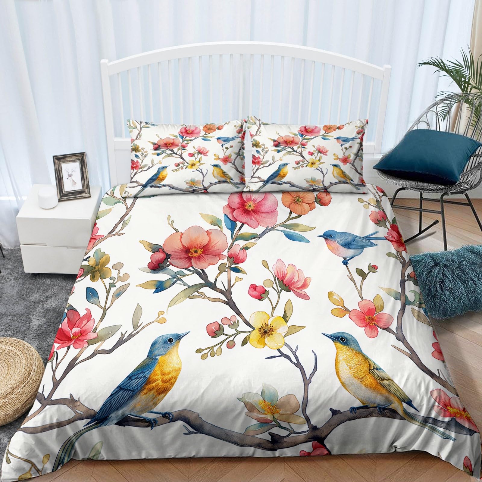 Pościel 220 x 240 cm, z zamkiem błyskawicznym, do malowania kwiatów i ptaków, kolorowa, przytulna, miękka pościel z mikrofibry, 3-częściowy komplet pościeli i poszewki na poduszkę 80 x 80 cm