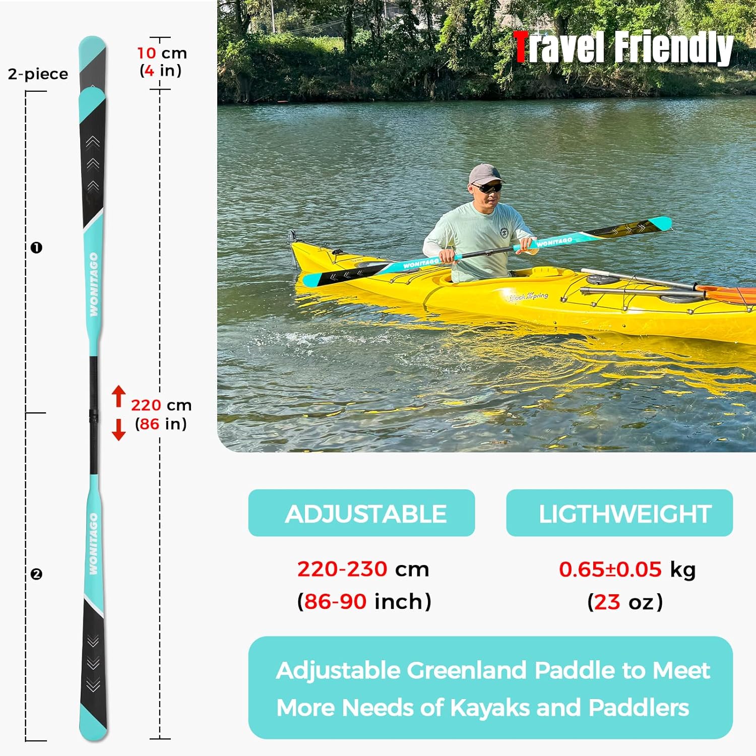 Greenland Paddle Lightweight Full Carbon Fiber with Paddle Bag, Adjustable Greenland Kayak Paddle 86-90" (220-230 cm)