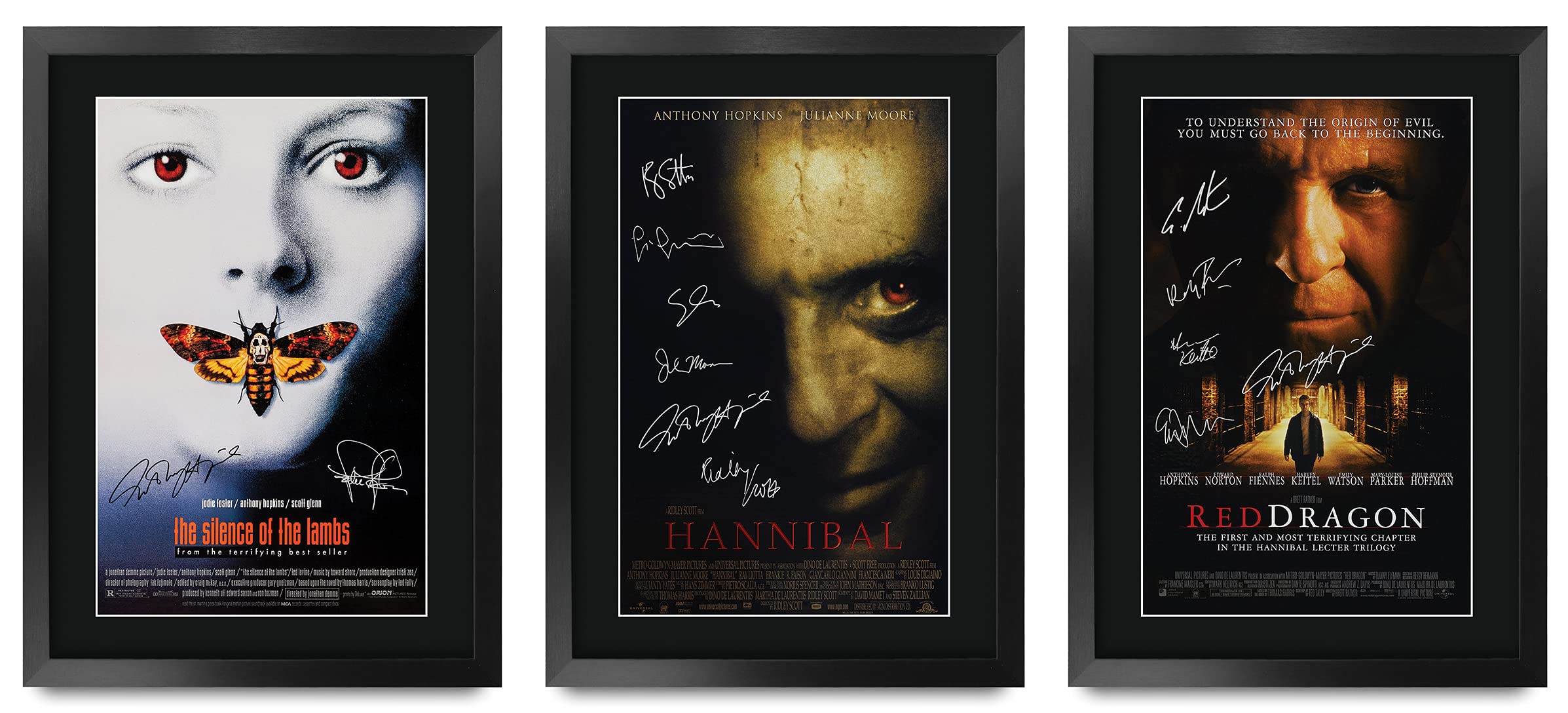 HWC Trading FR A3 Hannibal Lecter Collection x 3 Anthony Hopkins Geschenke gedrucktes Poster, signiertes Autogramm für Film-Fans, gerahmt, A3
