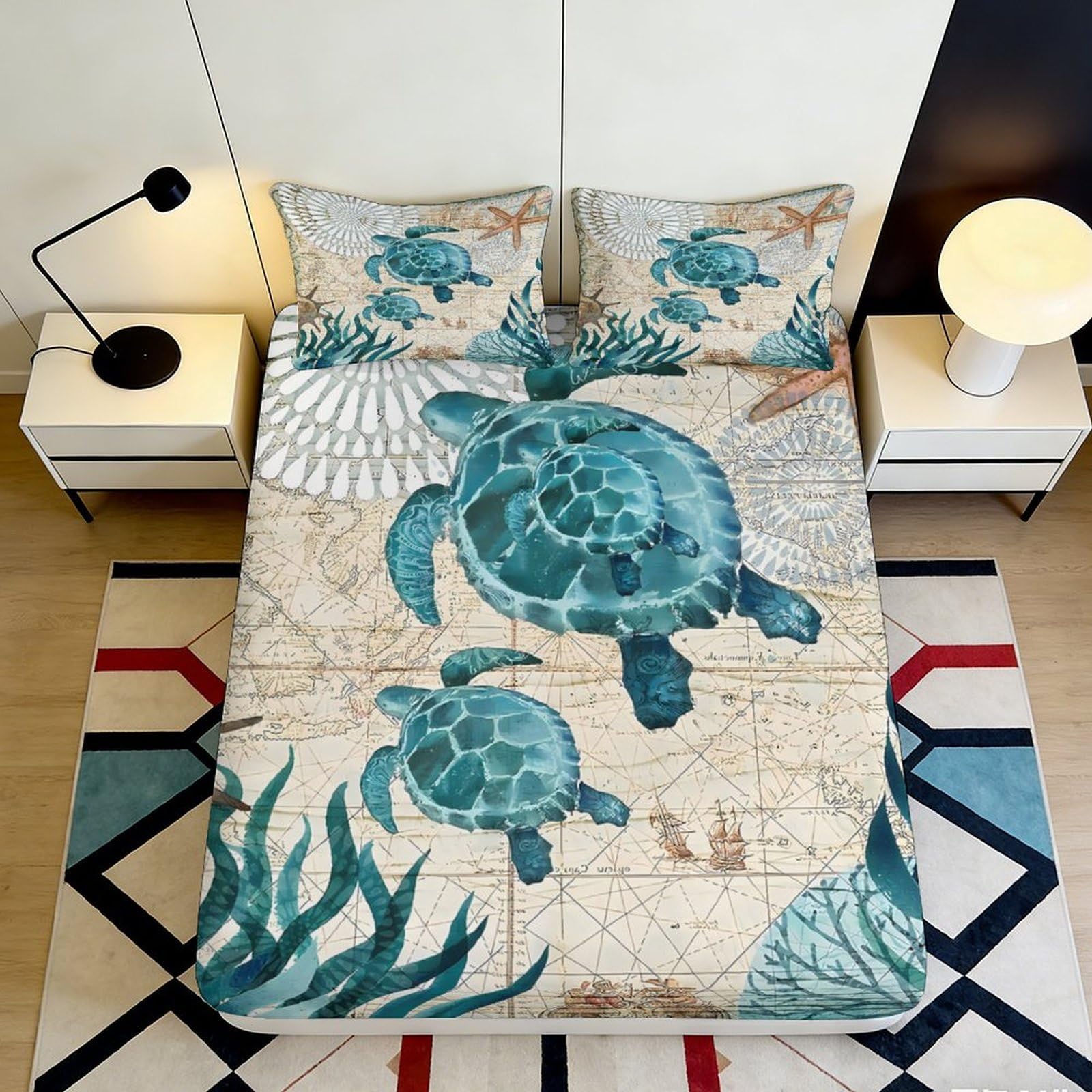 3D Printed Sea Turtle Map Fitted Sheet Microfiber Soft Breathable Ocean Coral Mattress Cover for Bedroom Guest Room Decor 90x200x25cm