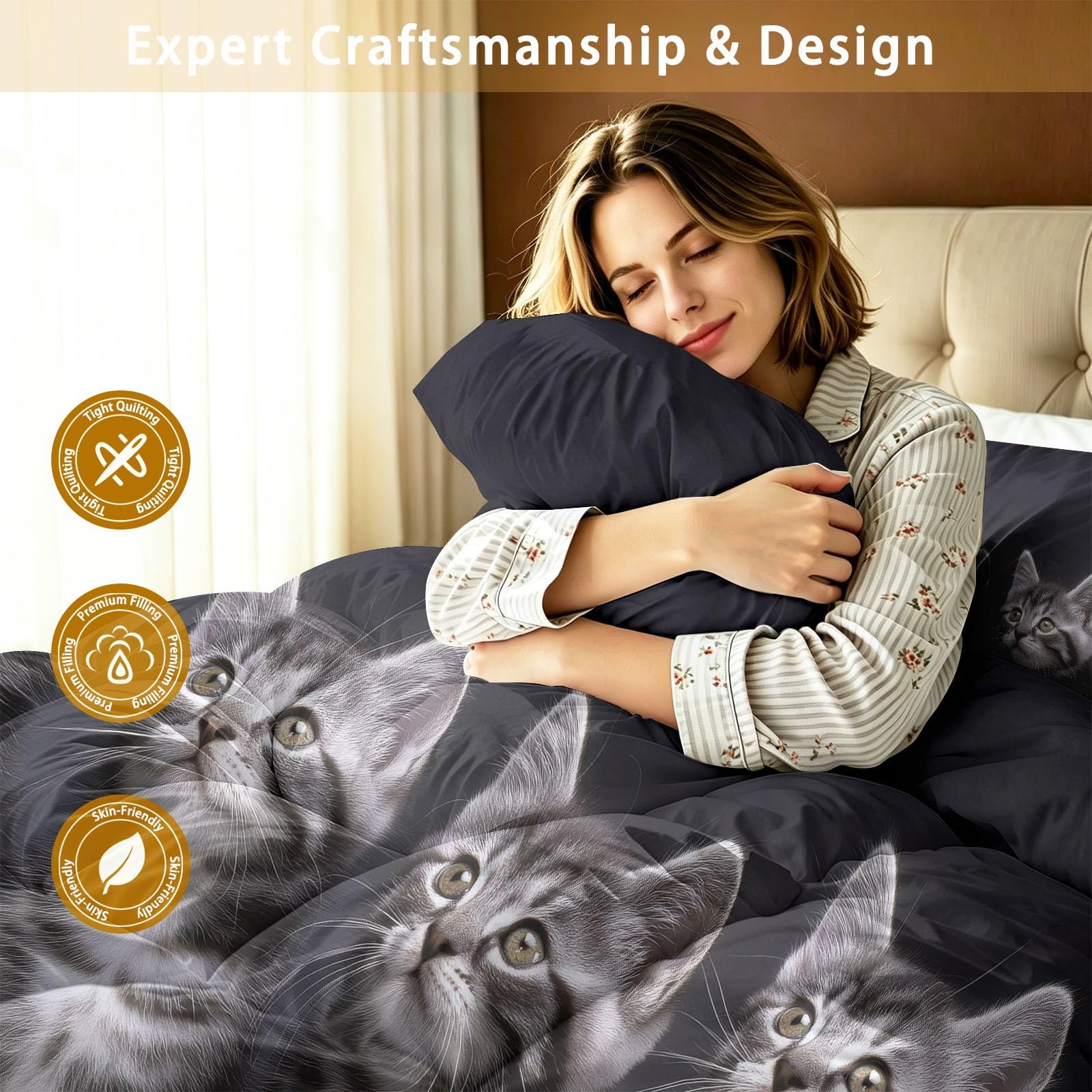 Bettdecke ohne Bezug 135 x 200 cm Set, Haustier Kätzchen Waschbare Ganzjahresdecke, Modern Silber Getigert Tier Katze Wendebettdecke Verstärkte 3 teilige - Dunkelgrau 4 Jahreszeiten Schlafdecke