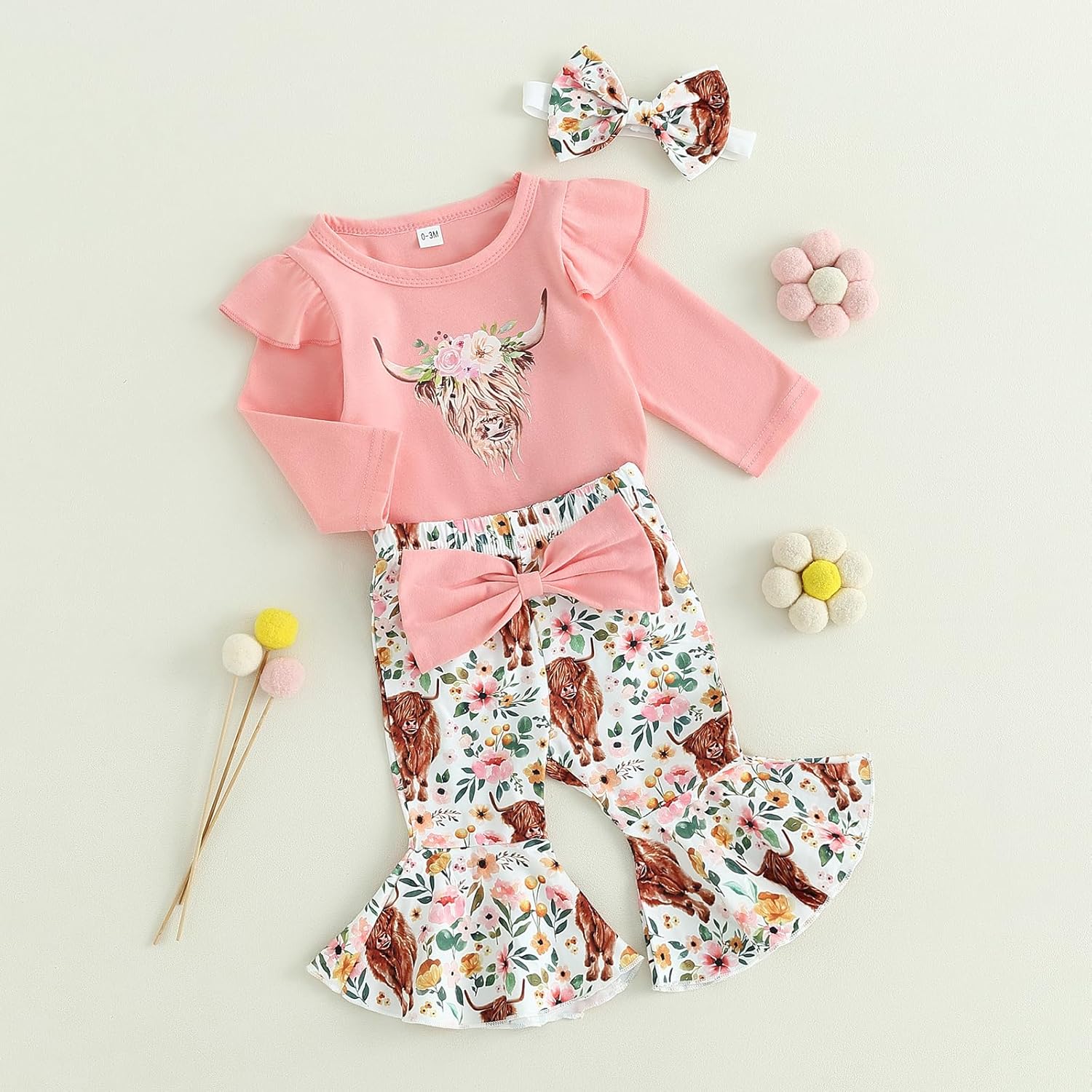 TheFound Infant Baby Girl Clothes Newborn Ruffle Long Sleeve Ribbed Romper Print Bell Bottom Toddler Baby Fall Winter Outfit - Image 2