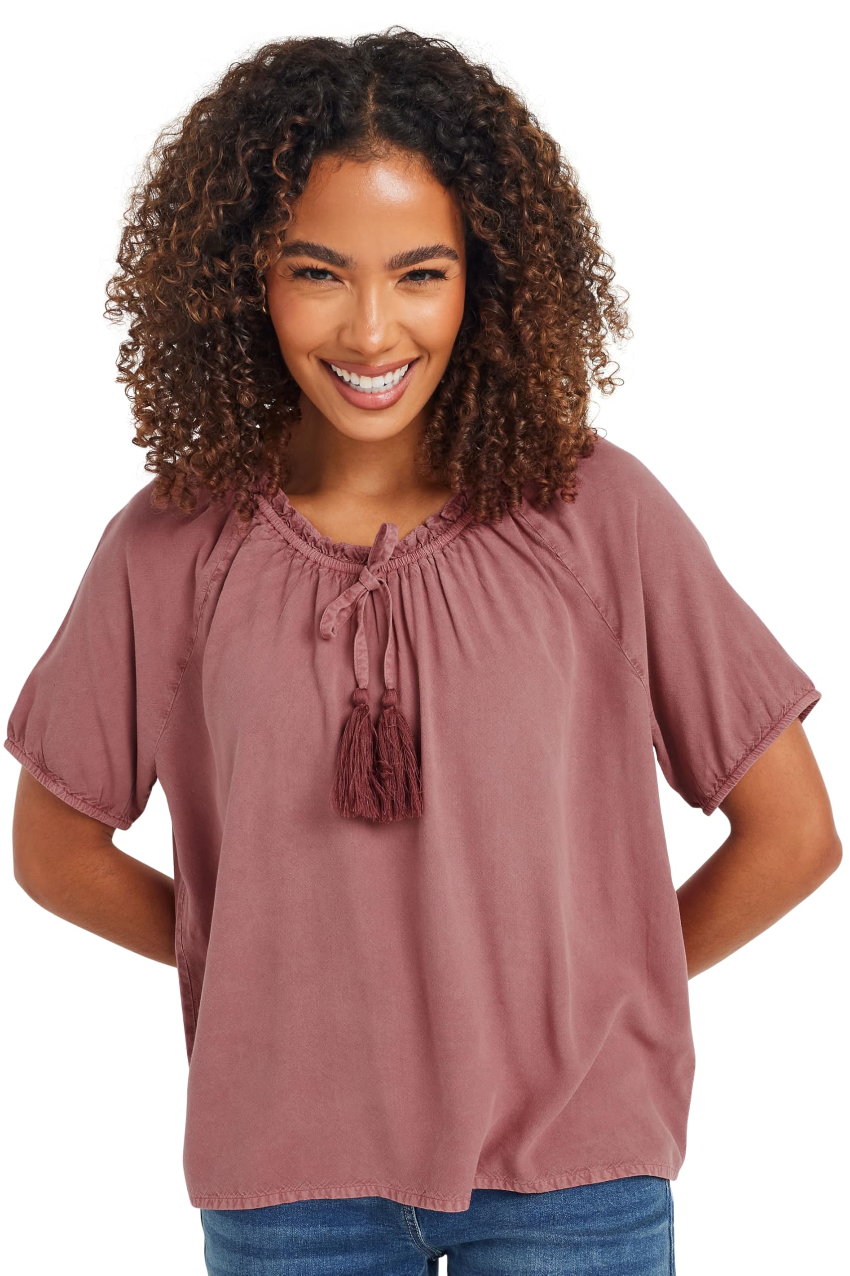 M&Co Women's Short Sleeve Tie Neck Blouse in Pink | Size: 14