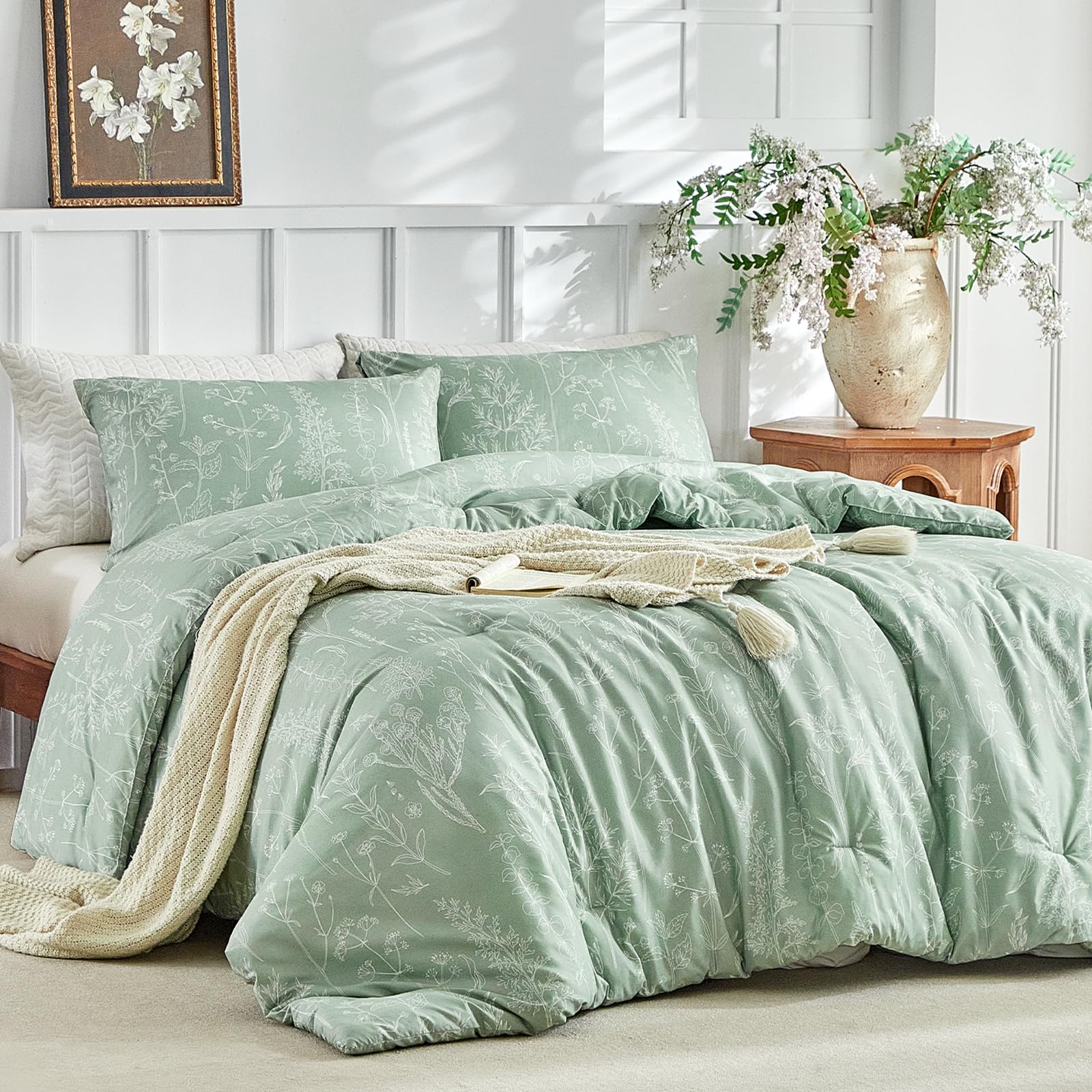 Tokokimo 180 Bed Duvet Cover, 240 x 260 cm Duvet Cover Pattern with Branches and Leaves, Microfibre, 3-Piece Set: 1 x Duvet Cover (240 x 260 cm) and 2 x Pillowcases (65 x 65 cm), Sage Green โ image 1