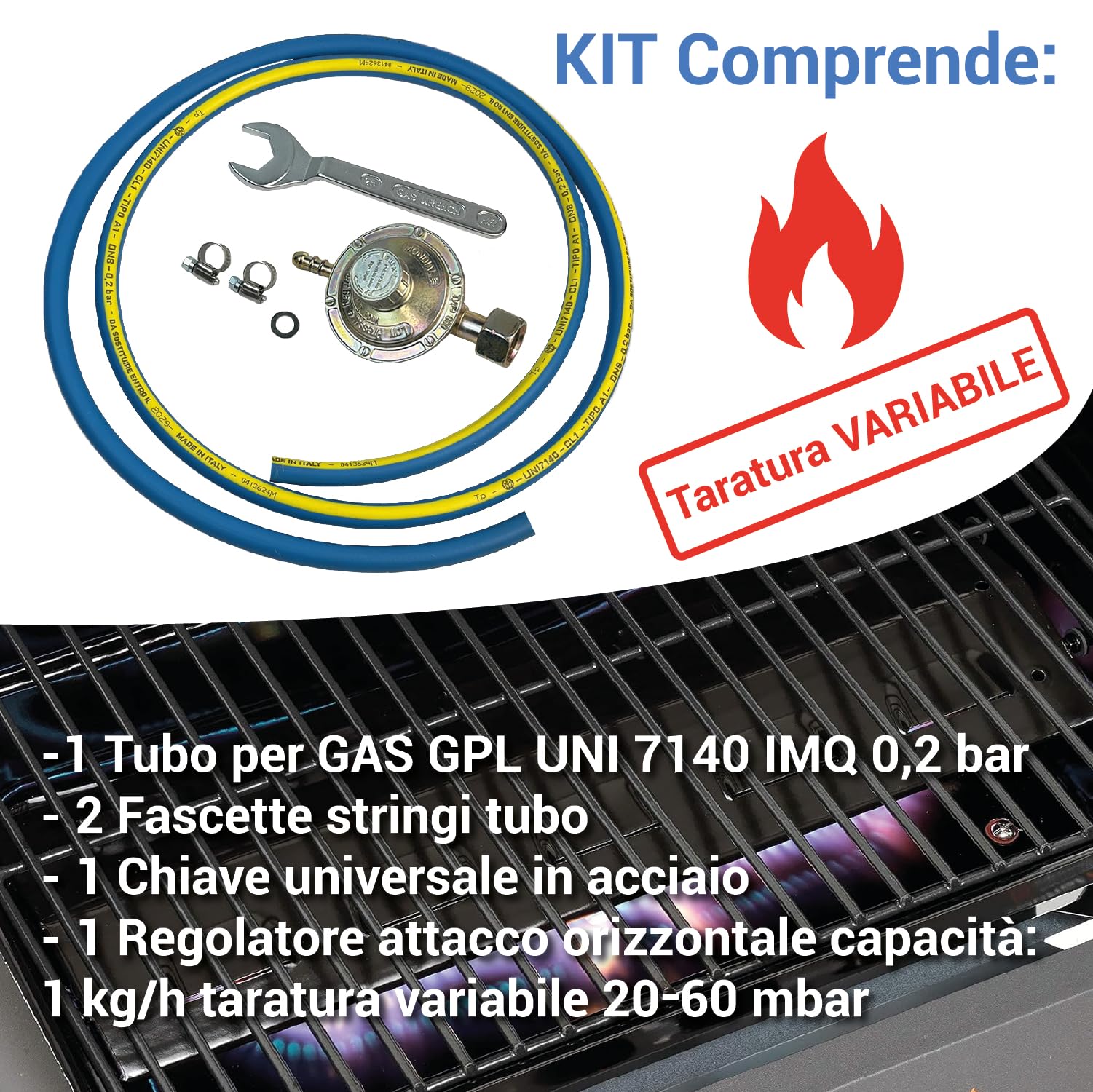 Crisalide®- Kit Tubo REGOLATORE Professionale 4 pz (Gas, Gpl) Cucina, Barbecue, Stufa: 1 Tubo+1 Regolatore+2 Fascette+1Chiave: Omologato 7140 IMQ Pressione 20/60 Bar, Made in Italy (Variabile)