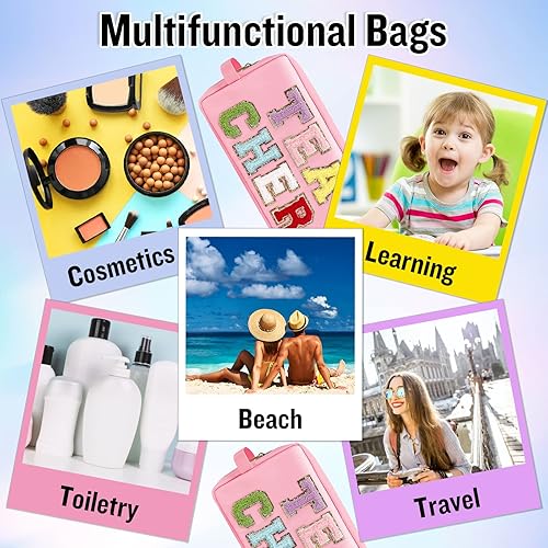 Miniatura 6 de izuzta Bolsa de maquillaje de parche preppy de nylon con letra de chenilla de nylon con mango, Rosa Rojo-COSAS