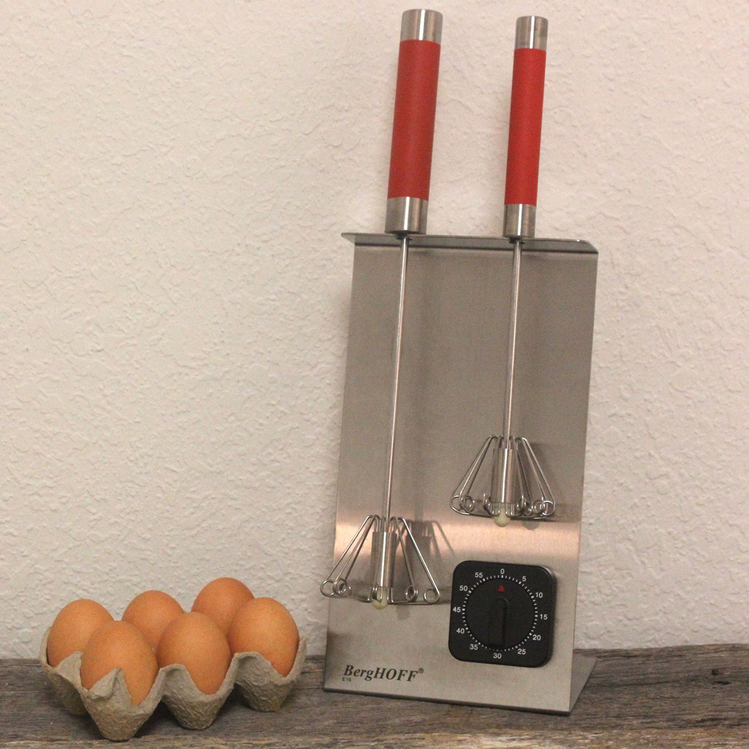 BergHOFF Stainless Steel Set of 3Pc Whisk Stand & Timer Silver & Red Ergonomically Designed Handle