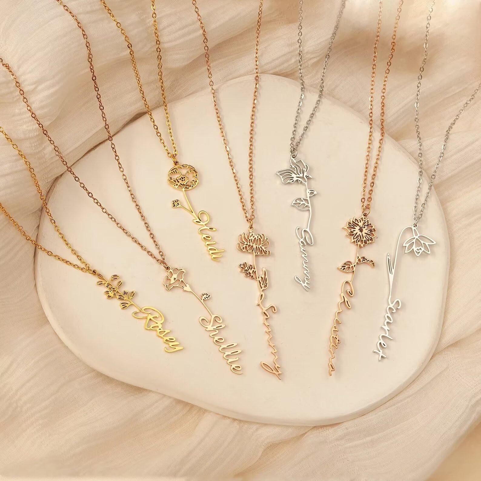 Collana con nome personalizzato con fiore di nascita - Collana per la festa della mamma - Collana di fiori di nascita con nome - Collana per le donne Regalo per la nuova mamma