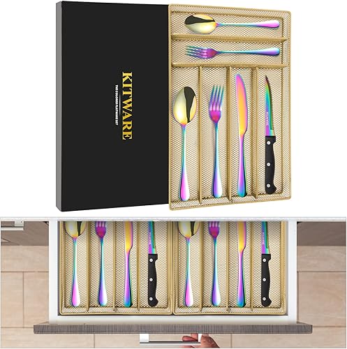 Miniatura 7 de Cubiertos arcoíris con organizador, 48 cubiertos coloridos para 8, cubiertos elegantes con bandeja, utensilio de acero inoxidable, cuchillo de