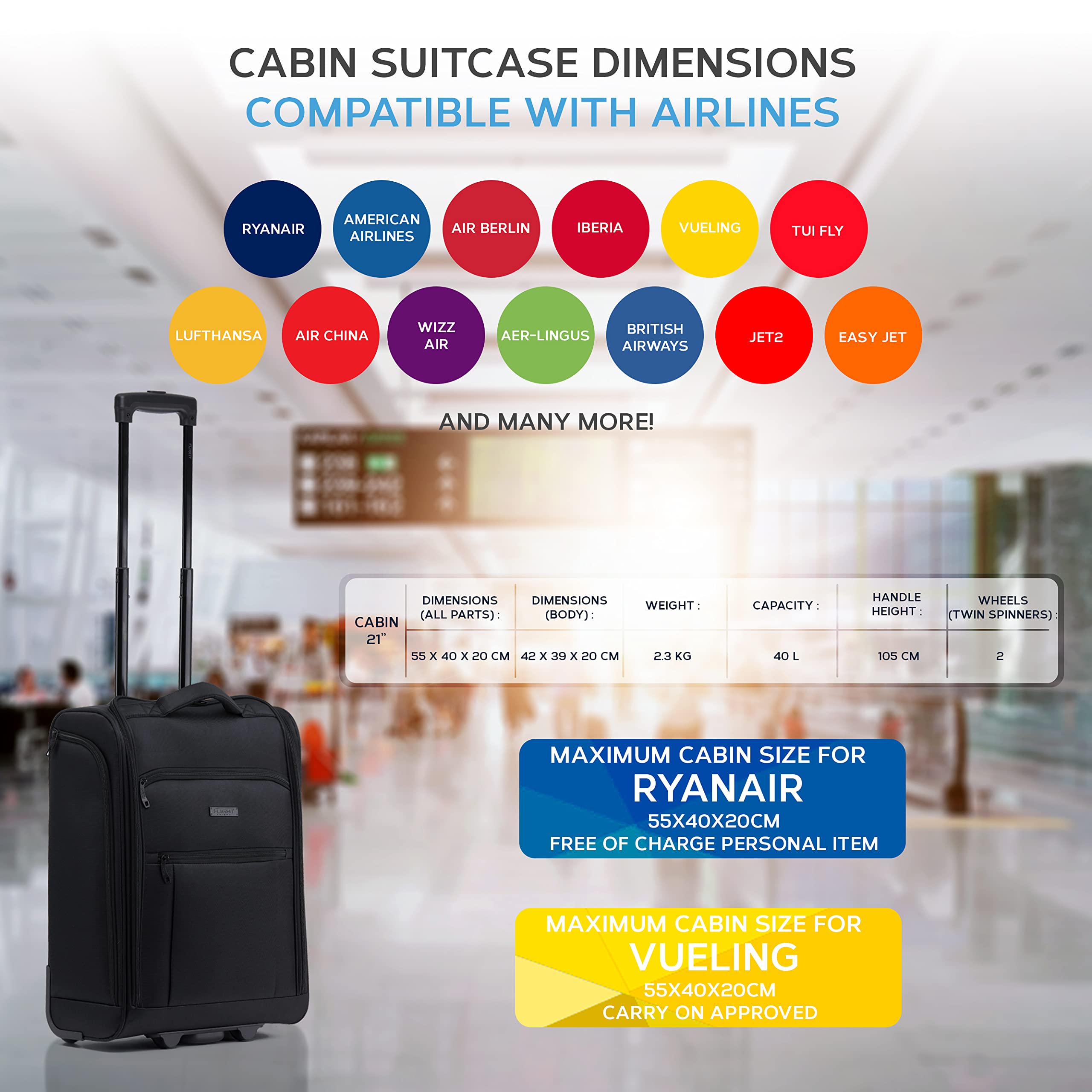 Flight Knight 55x40x20cm Ryanair Maximum Size Carry On Priority Hand Luggage Case Approved & Tested - 2 Wheels - Ultra Lightweight Durable Soft Case Textile Cabin Suitcase