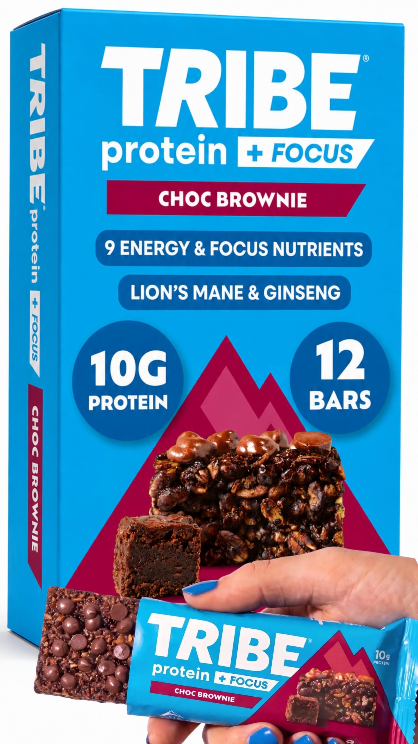 TRIBE Protein + Focus Flapjack Bars - Choc Brownie (12 x 60g) | Vegan Protein Bar | Lion's Mane, Ginseng + 9 Nutrients For Clarity & Natural Energy | High Fibre, Gluten Free Healthy Snack