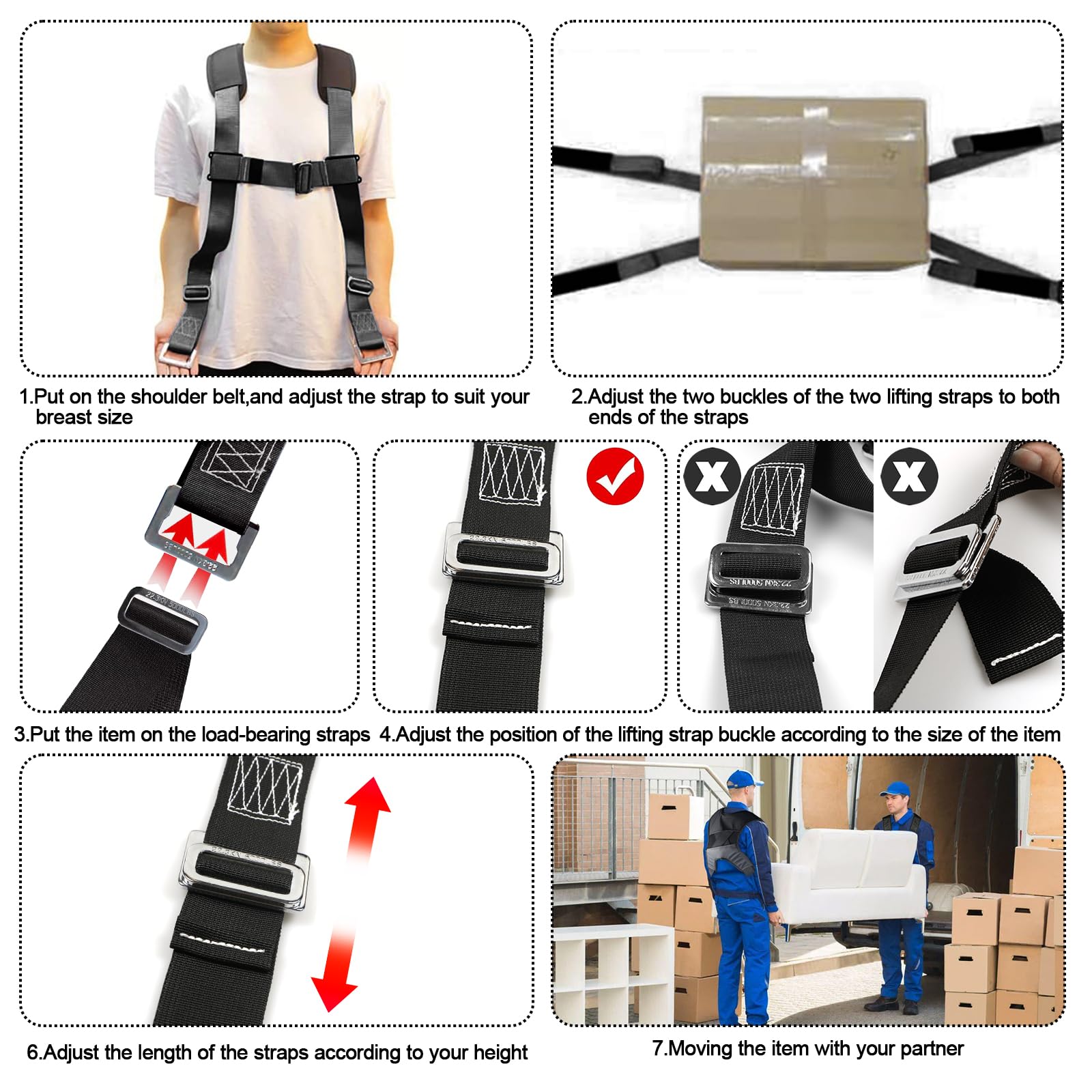 Correas de movimiento con hebilla de pecho, correas de elevación para 2 mudanzas, correas de movimiento de hombro para muebles con correas de elevación para 1 persona, ajustables y fáciles de levantar
