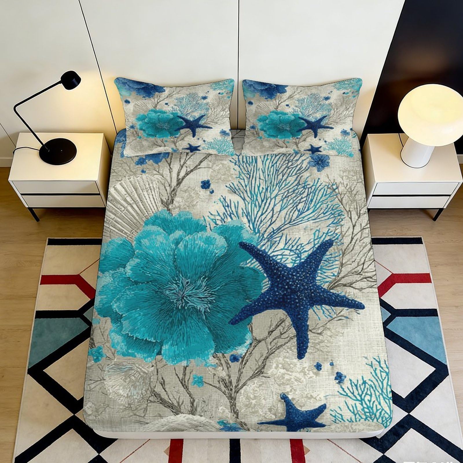 3D Printed Ocean Coral Fitted Sheet Microfiber Soft Breathable Blue Starfish Mattress Cover Bedroom Decor 90x200x25cm