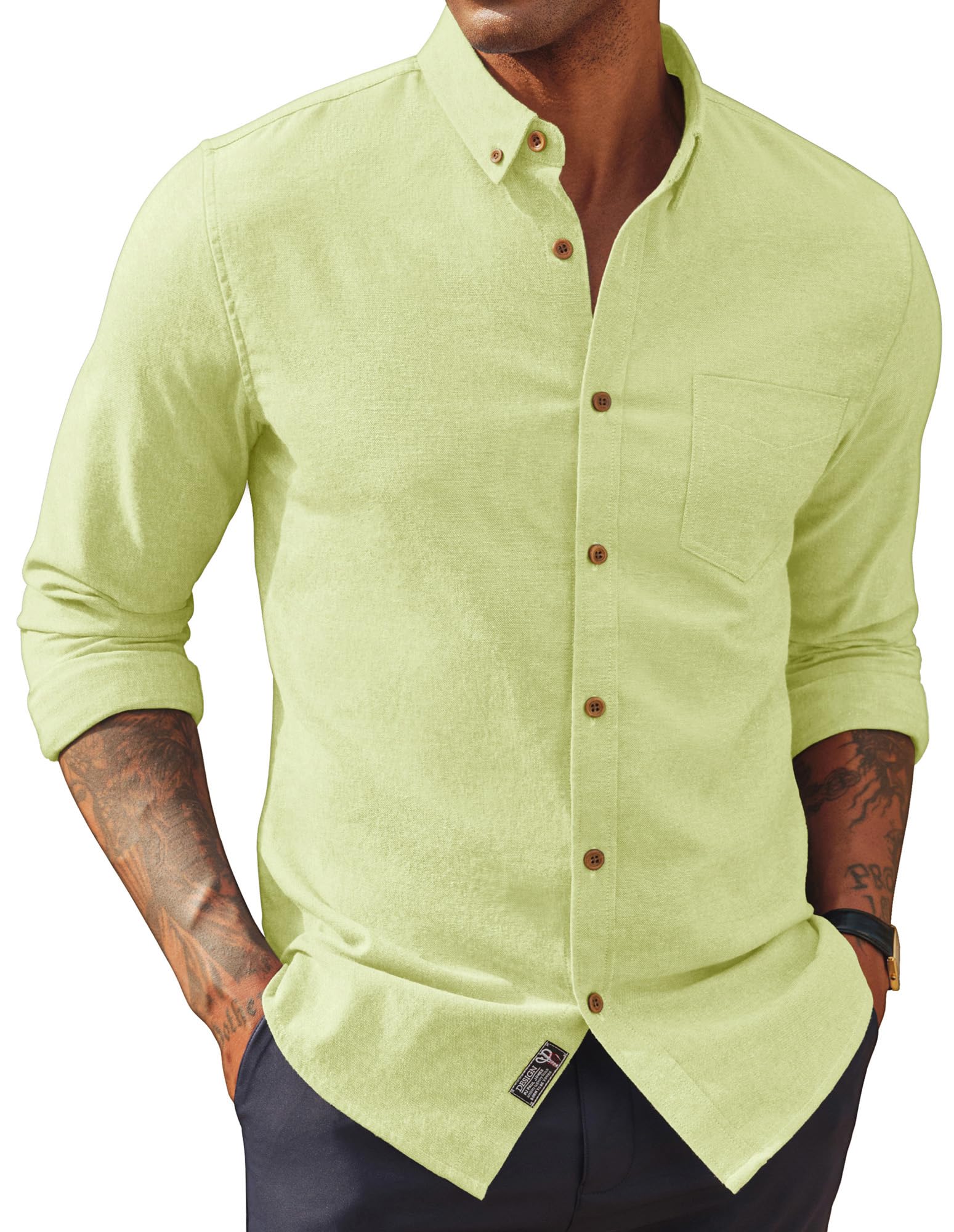 PJ PAUL JONES Camisa casual con botones de manga larga para hombre, camisa de lino y algodón | Camisa de ocio para hombre, ajuste normal, con botones