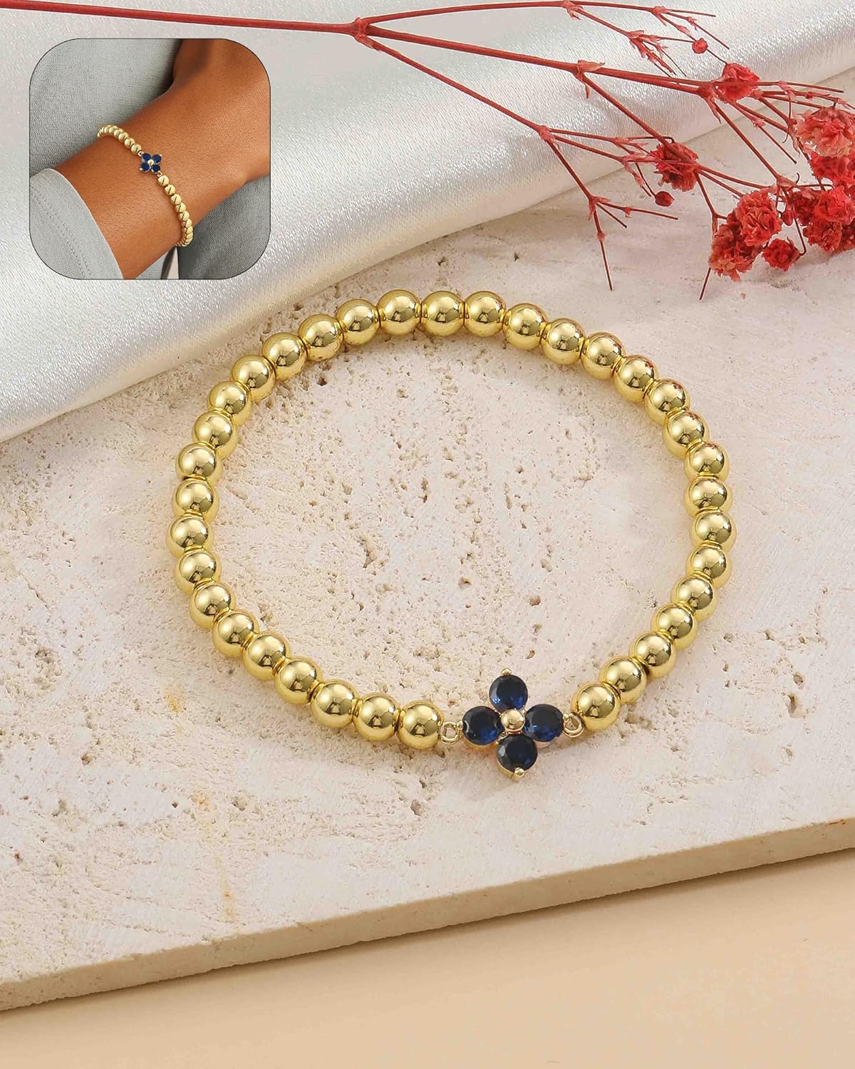 Birthstone Gold Bracelets for Women Trendy Clover Charm Bracelets Non Tarnish 14K Gold Plated Stretch Beaded Friendship Bracelets Womens Jewelry Valentine's Day Gift - Image 5