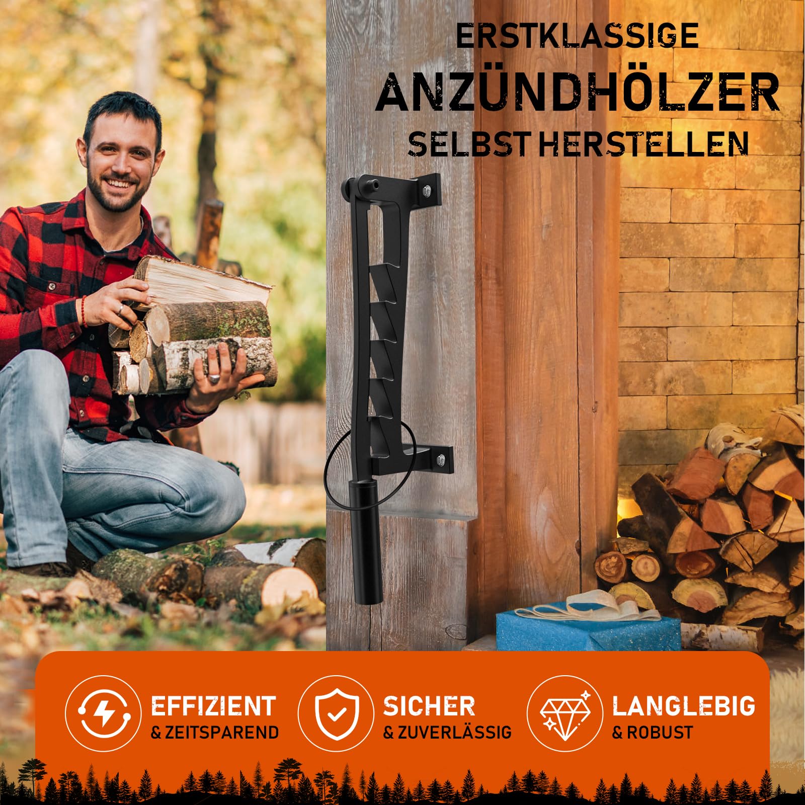 Holzspalter Manuell Anzündholz Spalter zur Wandmontage Handholzspalter Wand Holzspalter, Spalter Holz, Wood Splitter mit 2 Abziehbar Griff und Antirutsch Handschuhe für Indoor & Outdoor