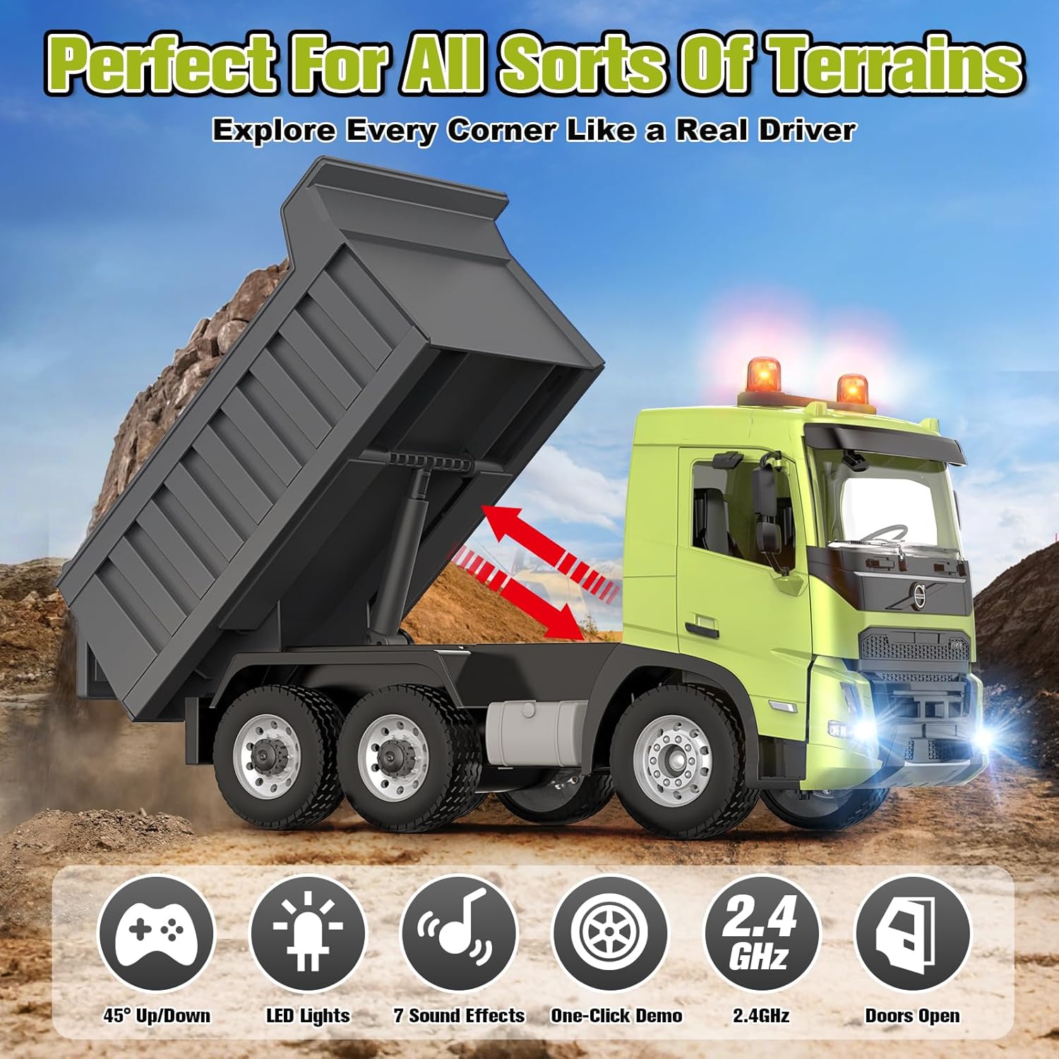 DOUBLE E Volvo FMX 1:20 RC Dump Truck - 2.4GHz Anti-Interference Remote Control Construction Toy with 360° Movement, Lift & Dump, LED Lights & Realistic Sounds for Adults