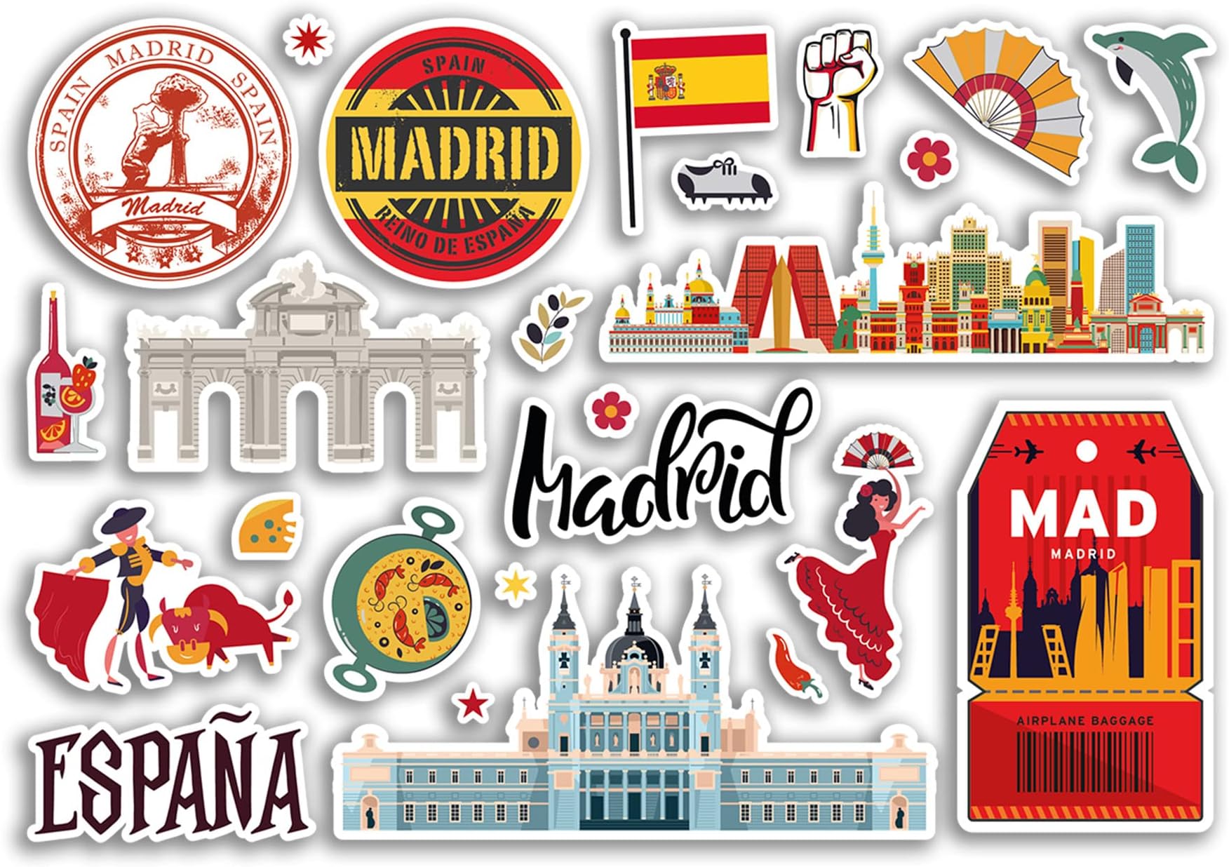 A5 Sticker Sheet Madrid Vinyl Stickers - Spain Spanish Landmarks Holiday Stamp Summer Map Flag Travel City Luggage Scrapbooking #79036