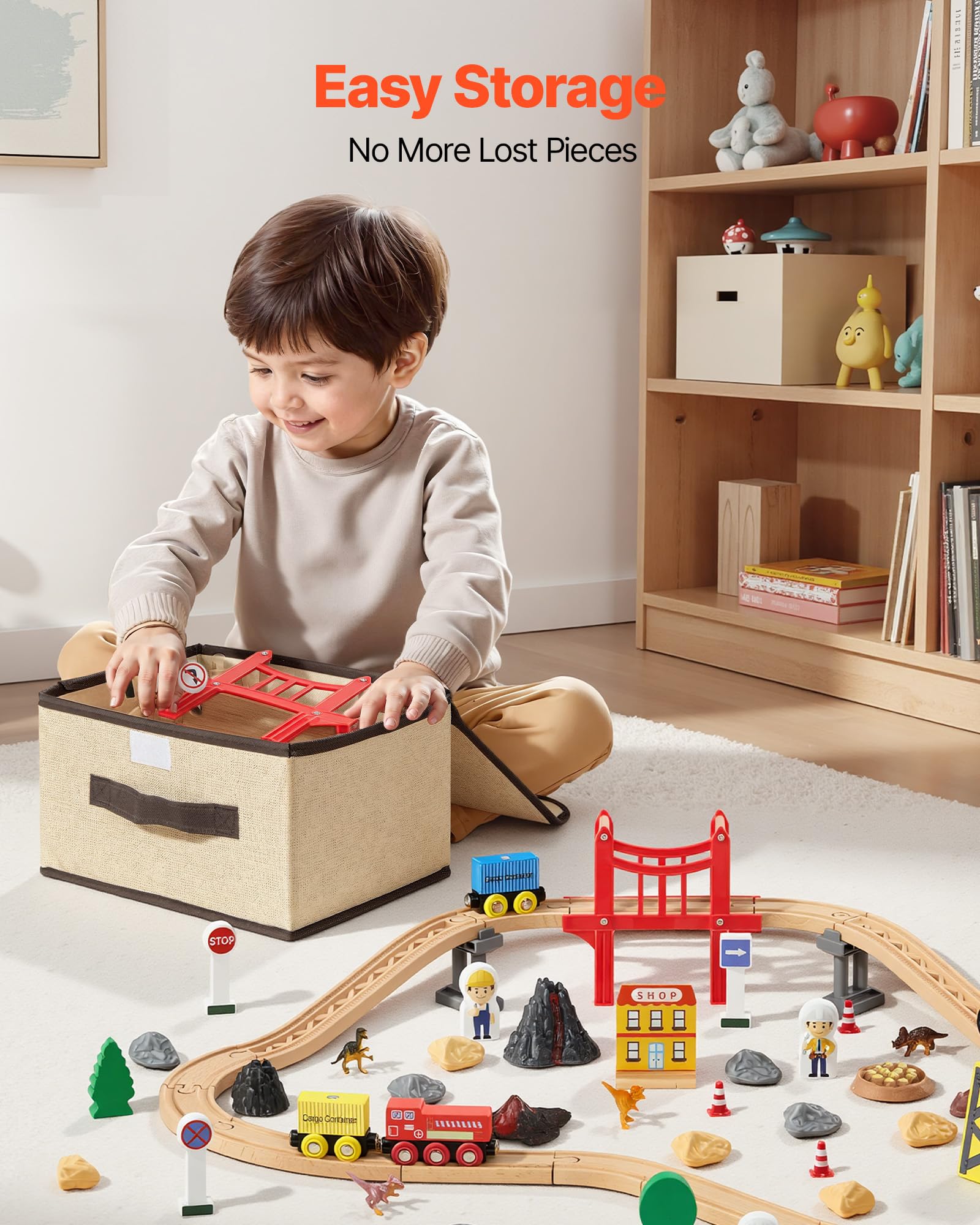 VEVOR Juego de Tren de Madera con Pistas, 70 Piezas con Accesorios, Grúa Magnética Camión Dinosaurio, Diseños Múltiples, Set Educativo, Juguete Compatible con Marcas Principales para Niños 3 a 8 Años