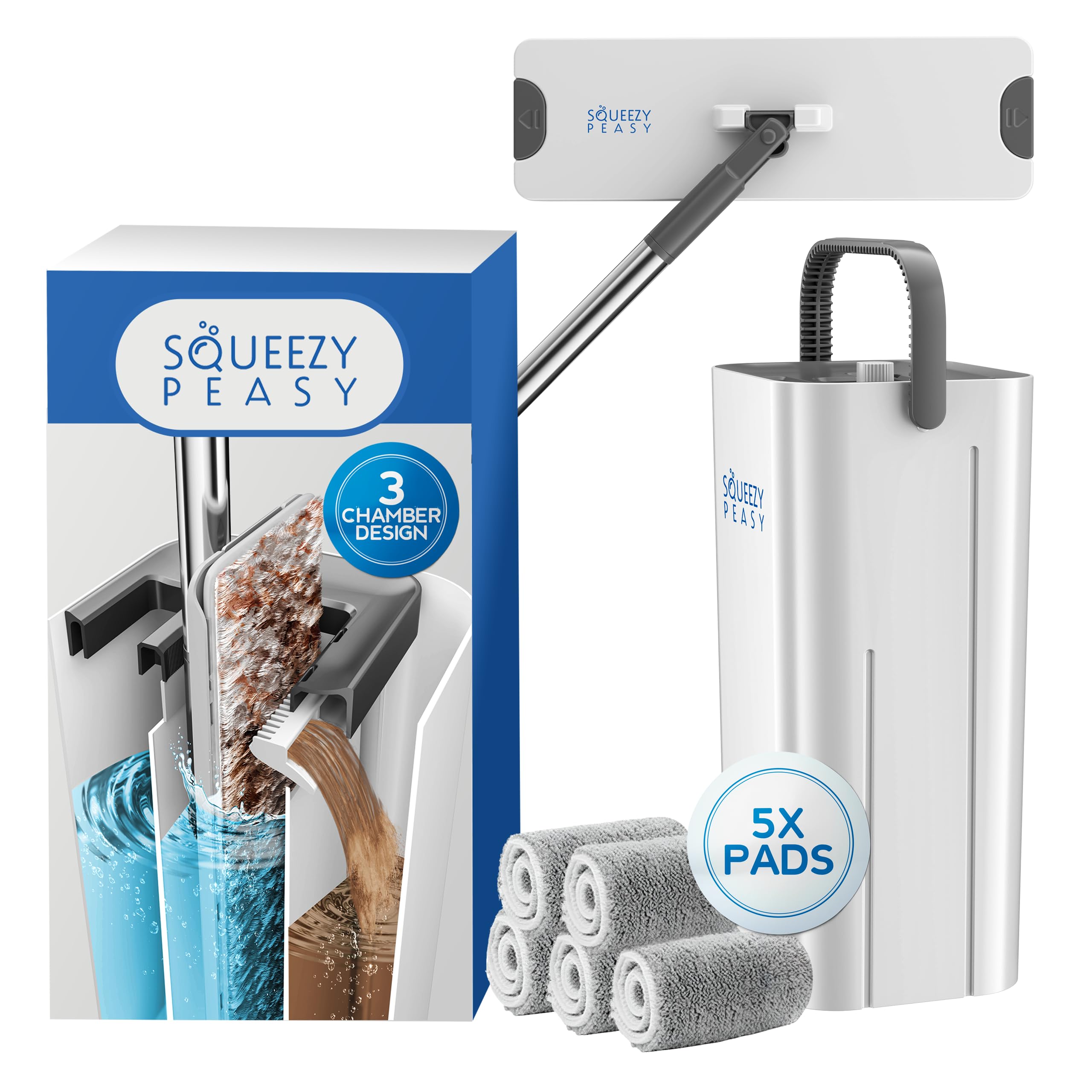 Premium Flat Mop and Bucket Set - Separates Clean & Dirty Water - Compact & Lightweight - 3 Chamber Floor Cleaning System - 360 Rotating Head - 5 Microfibre Reusable Mop Pads Included