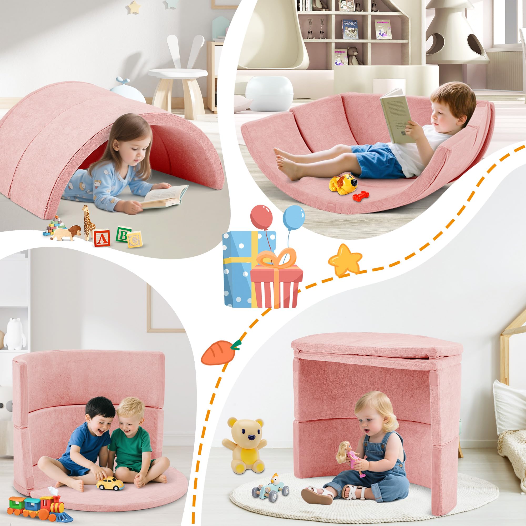 Bällebad ohne Bälle für Baby ab 1 Jahr, 7-in-1 Multifunktionales Schaumstoff Bällepool Ballgruben Kinder, Rosa