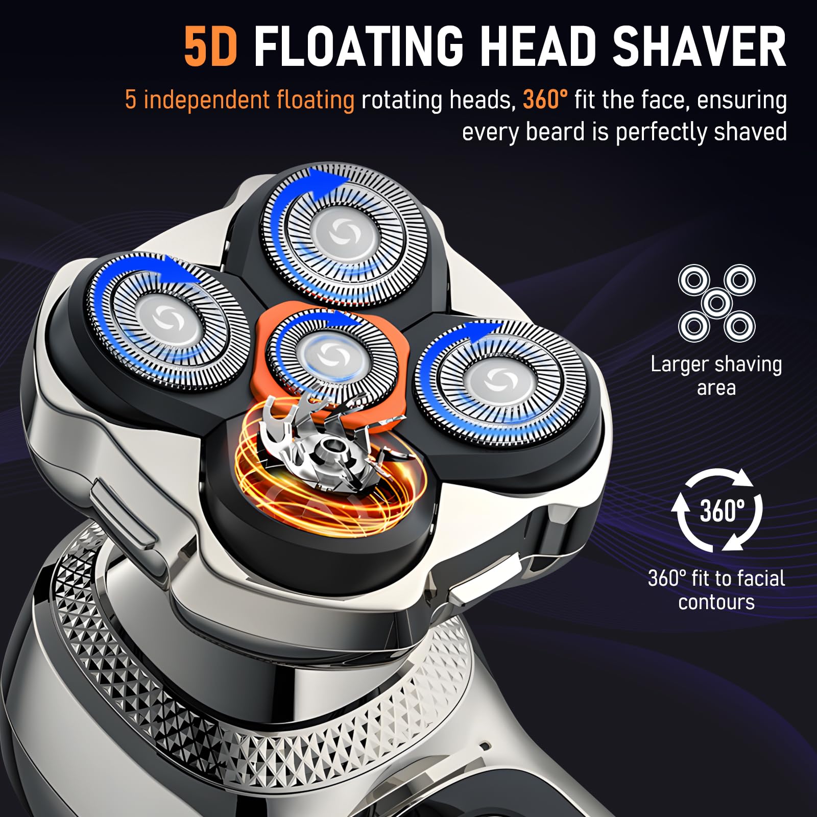 Journeyside Rasoio Testa Calva Uomo 6 in 1, 5D Rasoio Testa Calva Uomo, Uso Asciutto e Bagnato,Rasoio Elettrico Barba Senza Fili, Impermeabile IPX6, Display LED, Adatto per Capelli, Barba,Naso