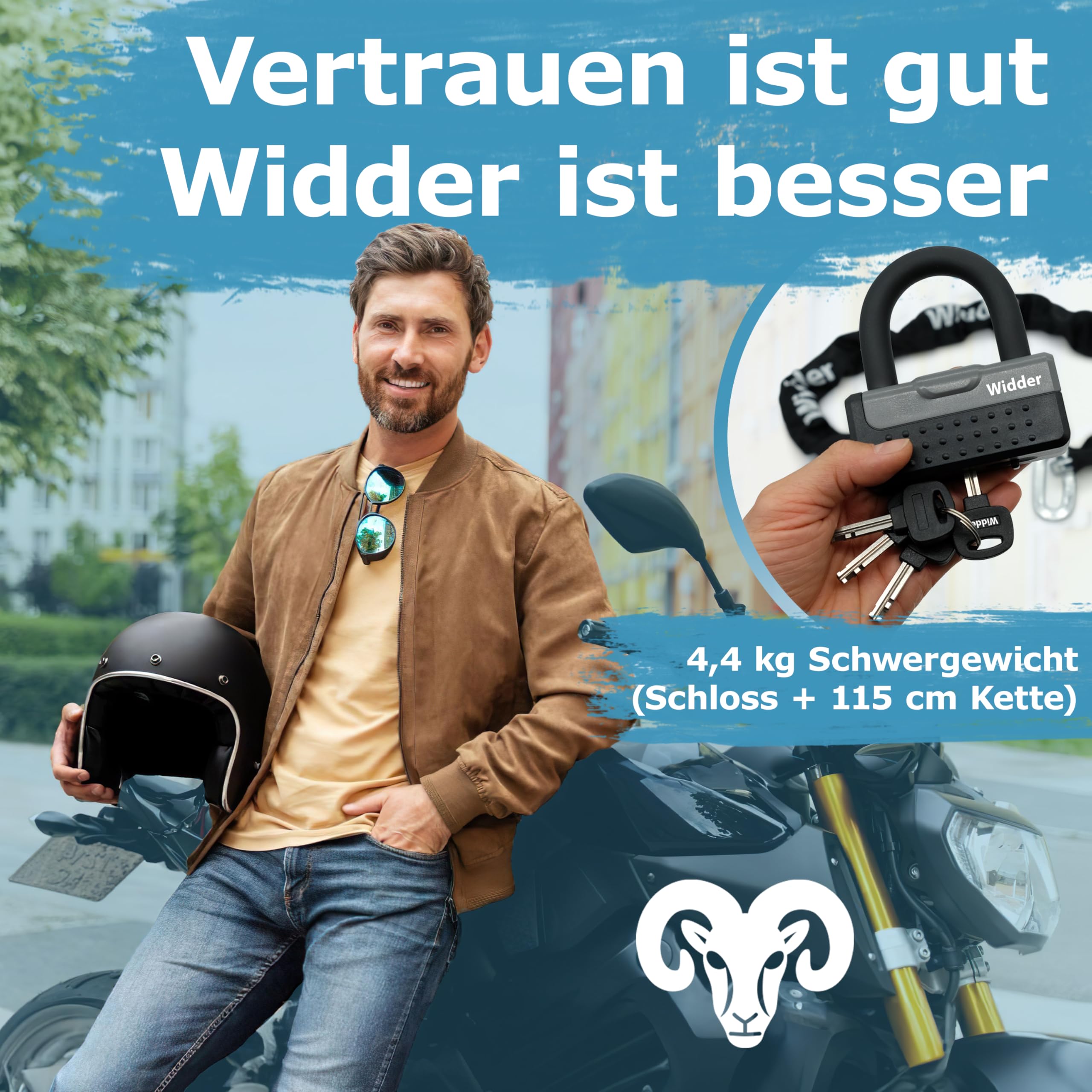 Widder Titan-Stahl [Level 15] Kettenschloss mit 4 Schlüssel - 115cm lang & 11mm massiv - für Motorrad Moped e Roller e Bike Fahrrad e Scooter Schloss - Motorradschloss & Fahrradschloss hohe Sicherheit