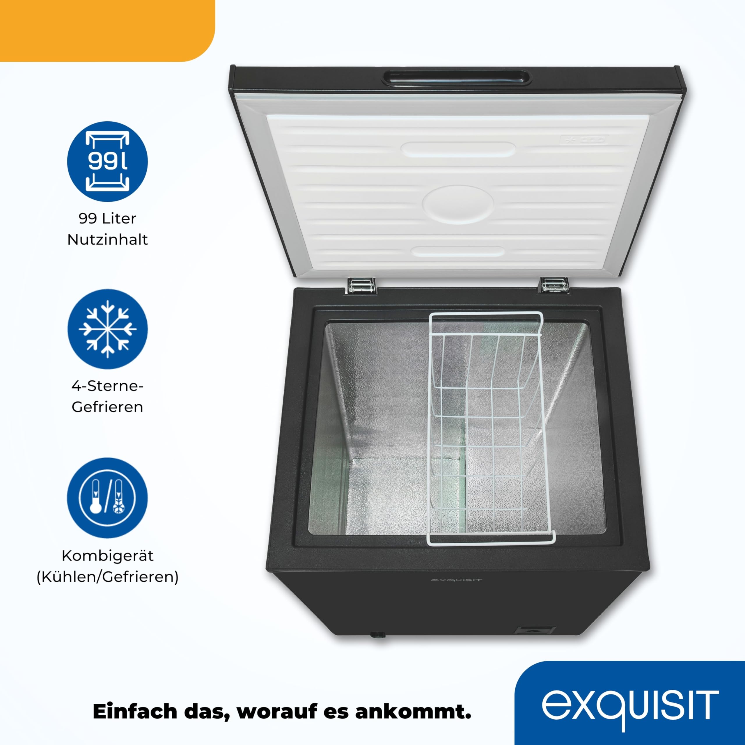 Exquisit GT100-050E Gefriertruhe 99L Tiefkühltruhe 2-in-1 Kühlen & Gefrieren Toplader 4-Sterne-Gefrierfach herausnehmbarer Gefrierkorb verstellbare Füße Temperaturregelung