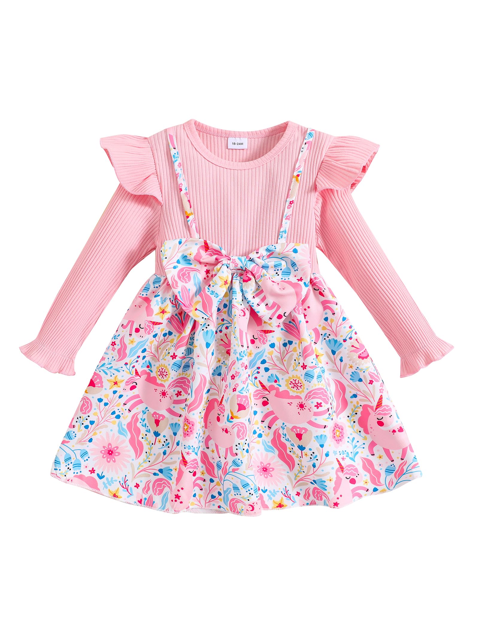Toddler Baby Girl Dress Clothes Ruffle Ribbed Sleeve Unicorn/Star Bow Splicing False Suspender Dresses A-Line Birthday Party Princess Frilly Dress