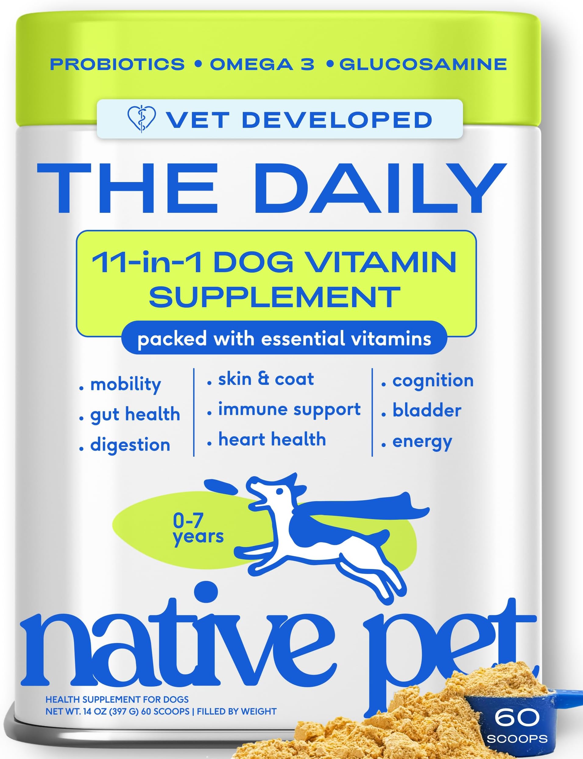 Native Pet Dog Vitamins & Supplements - 60 Scoops - 11-in-1 Multivitamin for Dogs with 21 Supplements & Vitamins – Nutritious Food Topper Powder - Pet Health & Puppy Essentials - 60 Scoops