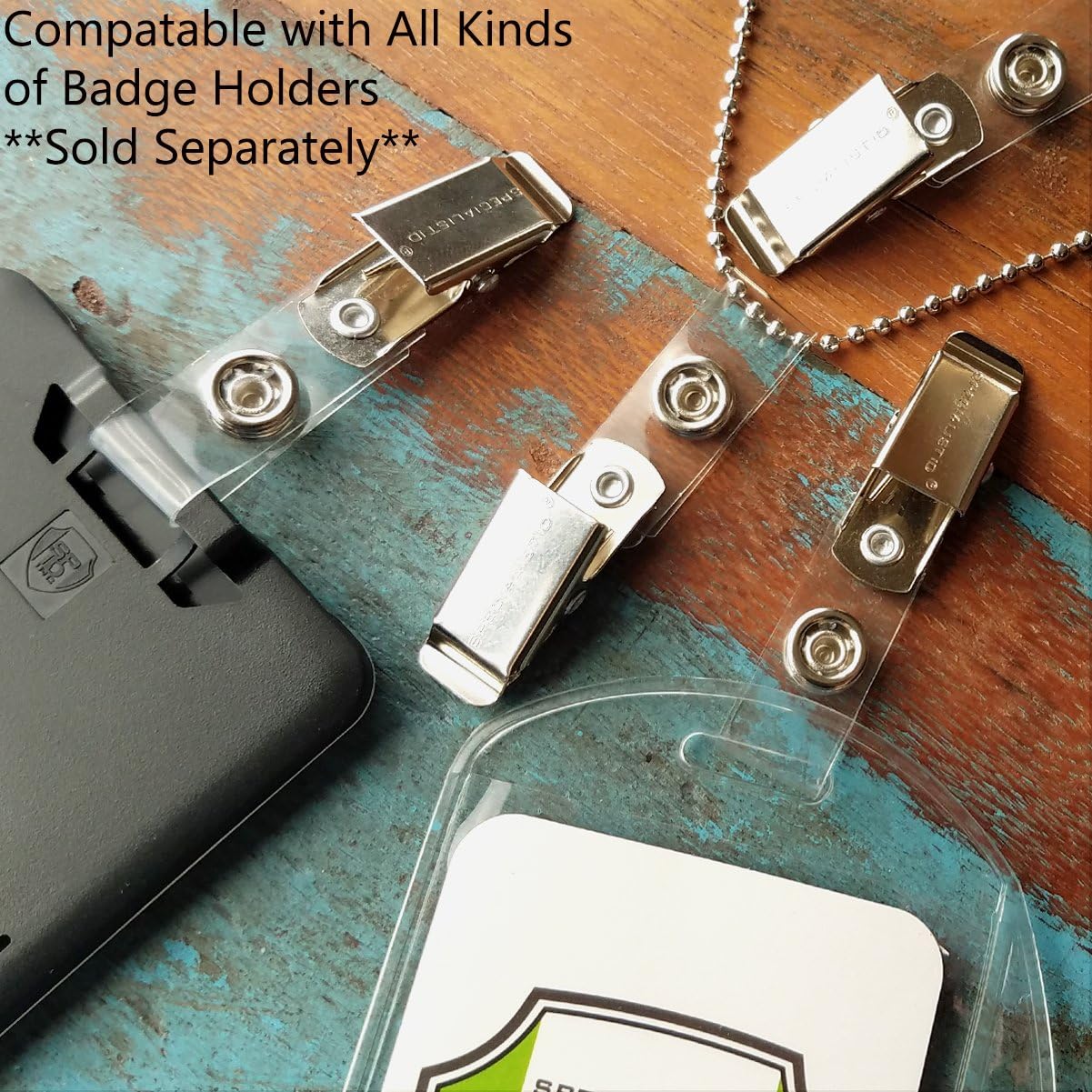 Bulk 100 Pack - Premium Clothing Friendly ID Badge Clips - Metal Alligator Swivel Card Clip & Clear Plastic PVC Vinyl Strap with Button Snap Great for Name Tags & Access Badges by Specialist ID