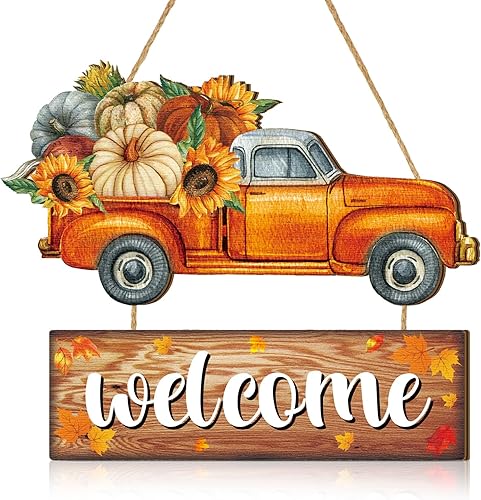 Barydat Letrero de puerta de otoño, decoración de puerta de bienvenida de Acción de Gracias, letrero de madera para puerta de cosecha con girasoles,