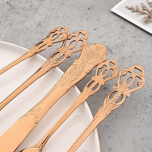 Miniatura 8 de Jankng Juego de cubiertos de 24 piezas para 4 unidades de acero inoxidable con mango hueco vintage en relieve incluye cuchillo de tenedor de cuchara