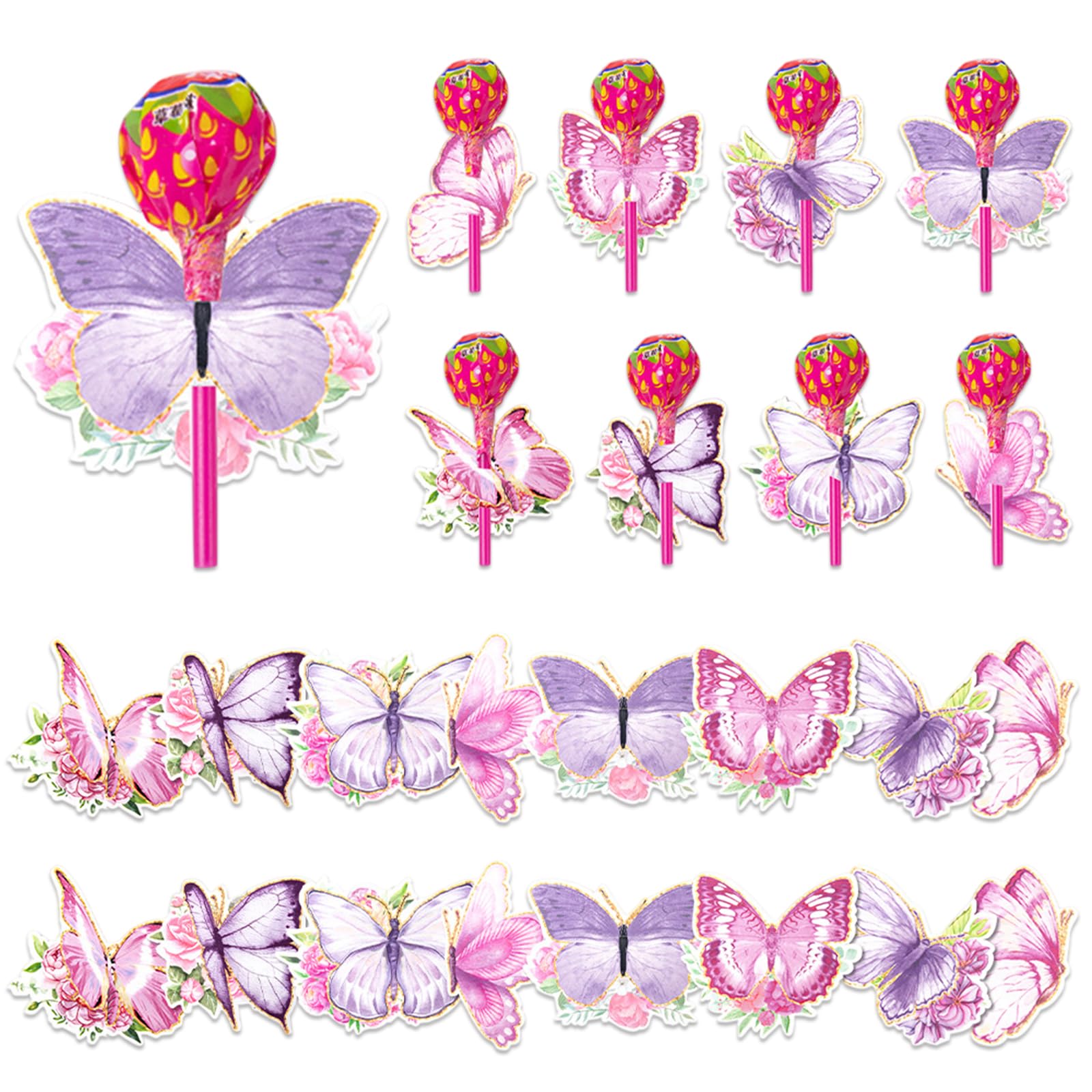 Butterfly Lollipop Holder Paper Tags Candy Wrappers Card Decorations Craft Label Wedding Home DIY Mother's Day Spring Party Supplies 16 Pcs