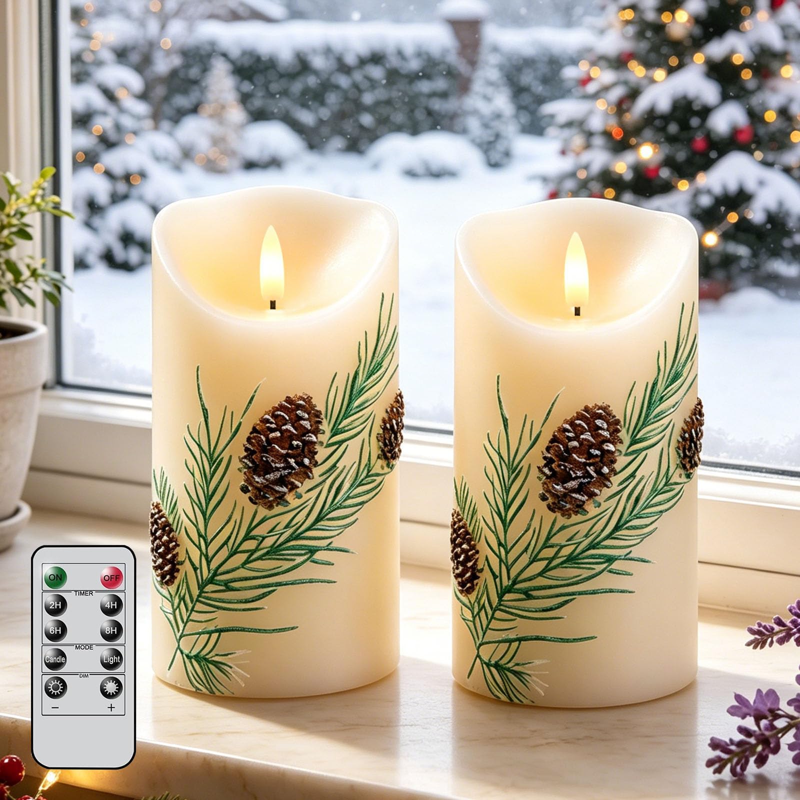 Wekity Candele senza fiamma a forma di pigna, 2 candele a pilastro tremolanti a batteria con telecomando, candele elettriche con ago invernale in rilievo 3D, per decorazioni natalizie per la casa e