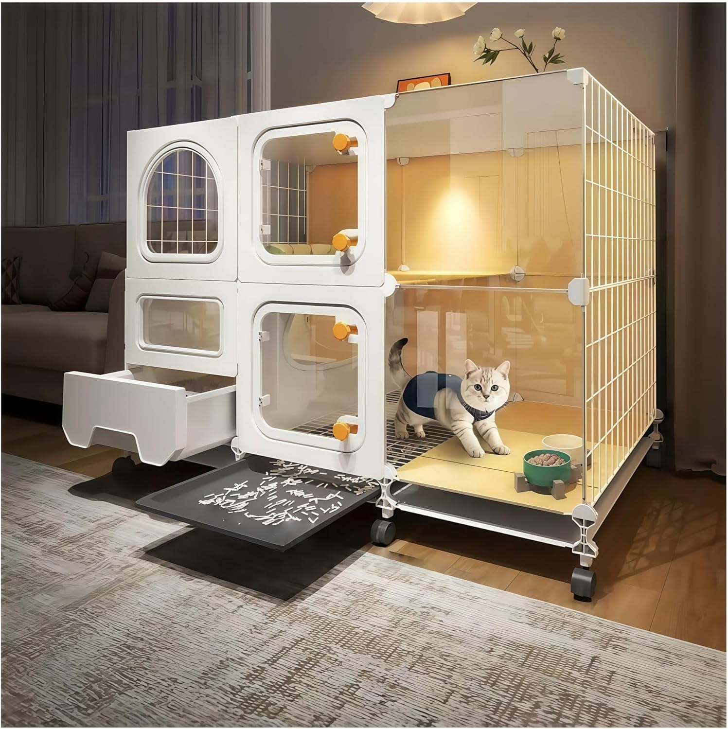 Indoor cat cage with Litter Box, Complimentary Cat Bed, Bow,lcat House with Wheels Outdoor,Large cat Villa Playpen, Small Animal Dog Kennel cat enclosures (42″(L) x18.2″(W) x32.4″(H))