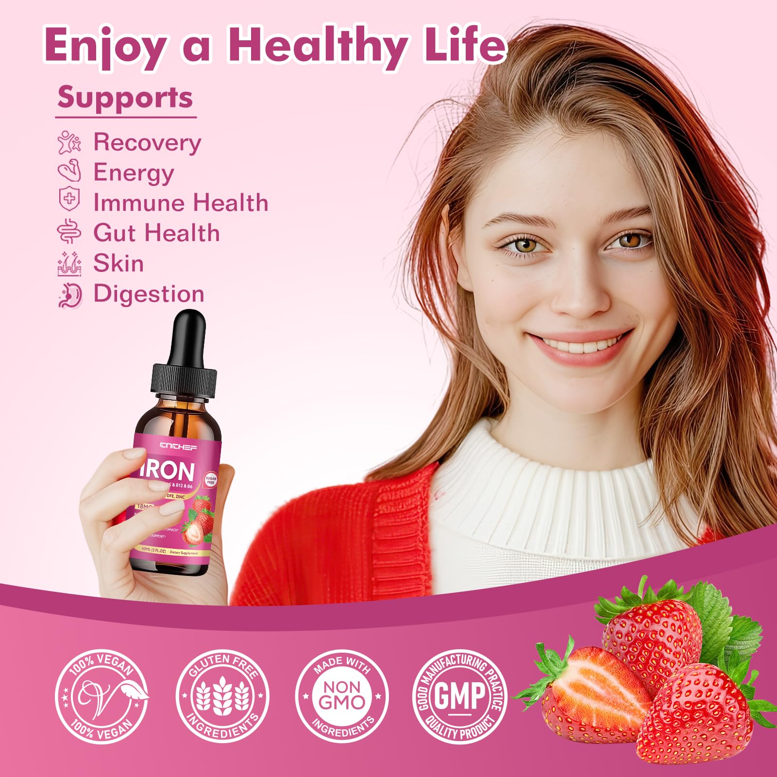 Liquid Iron Supplement for Women, Men & Kids 18mg with Vitamin C, B12, B6, Folate & Zinc | High Absorption Ferrous Bisglycinate Chelate, Natural Strawberry Flavor, Sugar-Free, Anemia & Energy Support — Amazon image 2