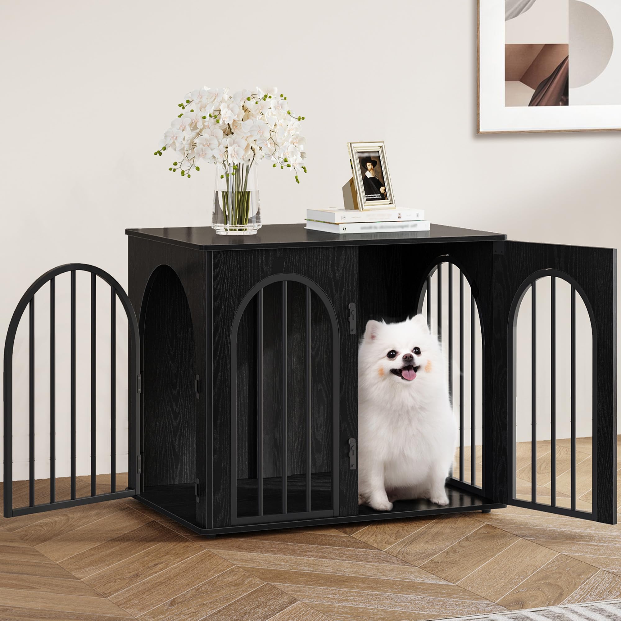 Hzuaneri Hundekäfig Möbel, 68 cm Hundebox für Zuhause, 3 Türen, Bogentür, Moderne Hundebox Indoor für Hunde, Beistelltisch, Hundekäfig Hochbelastbar, 68 x 49 x 56 cm, Schwarz DFC85504B