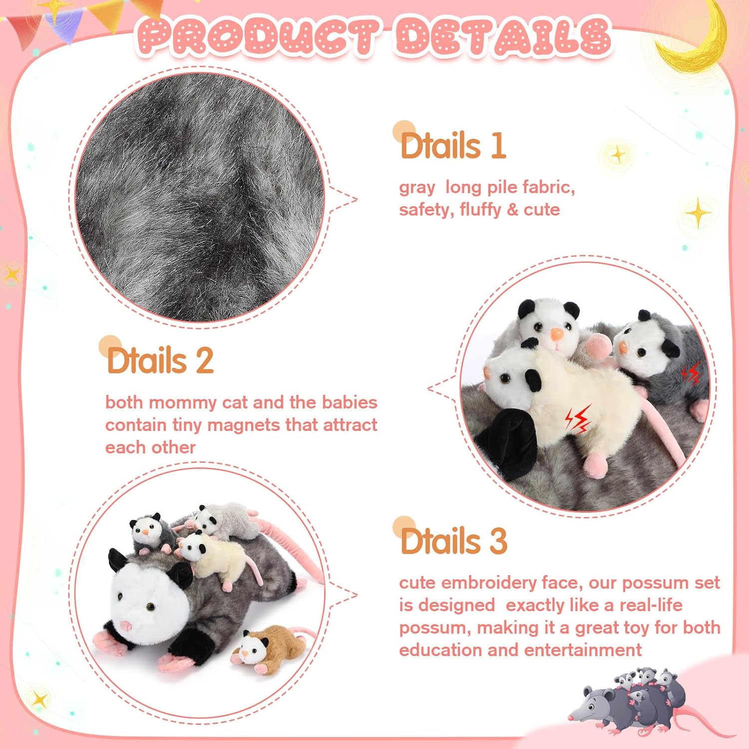 5 Pcs Stuffed Opossum Mommy Possum Plush with 4 Baby Opossums Stuffed Toy on Her Back, Magnetic Attraction Cotton Plush Animal Toy Gift for Boys Girls Possum Lover(Cute)