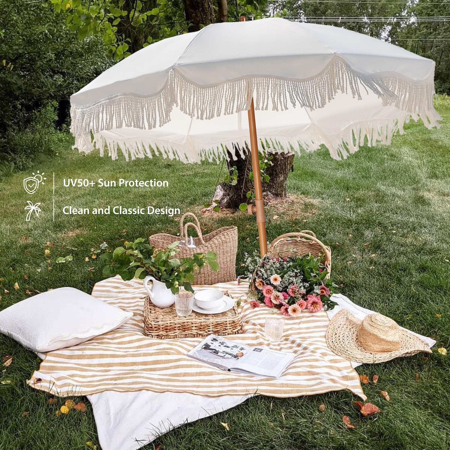 AMMSUN Boho Fringe Umbrella Outdoor Patio, 6.5ft UPF50+ Picnic Umbrella with Tassels with Steel Pole and Push Button Tilt, Antique White
