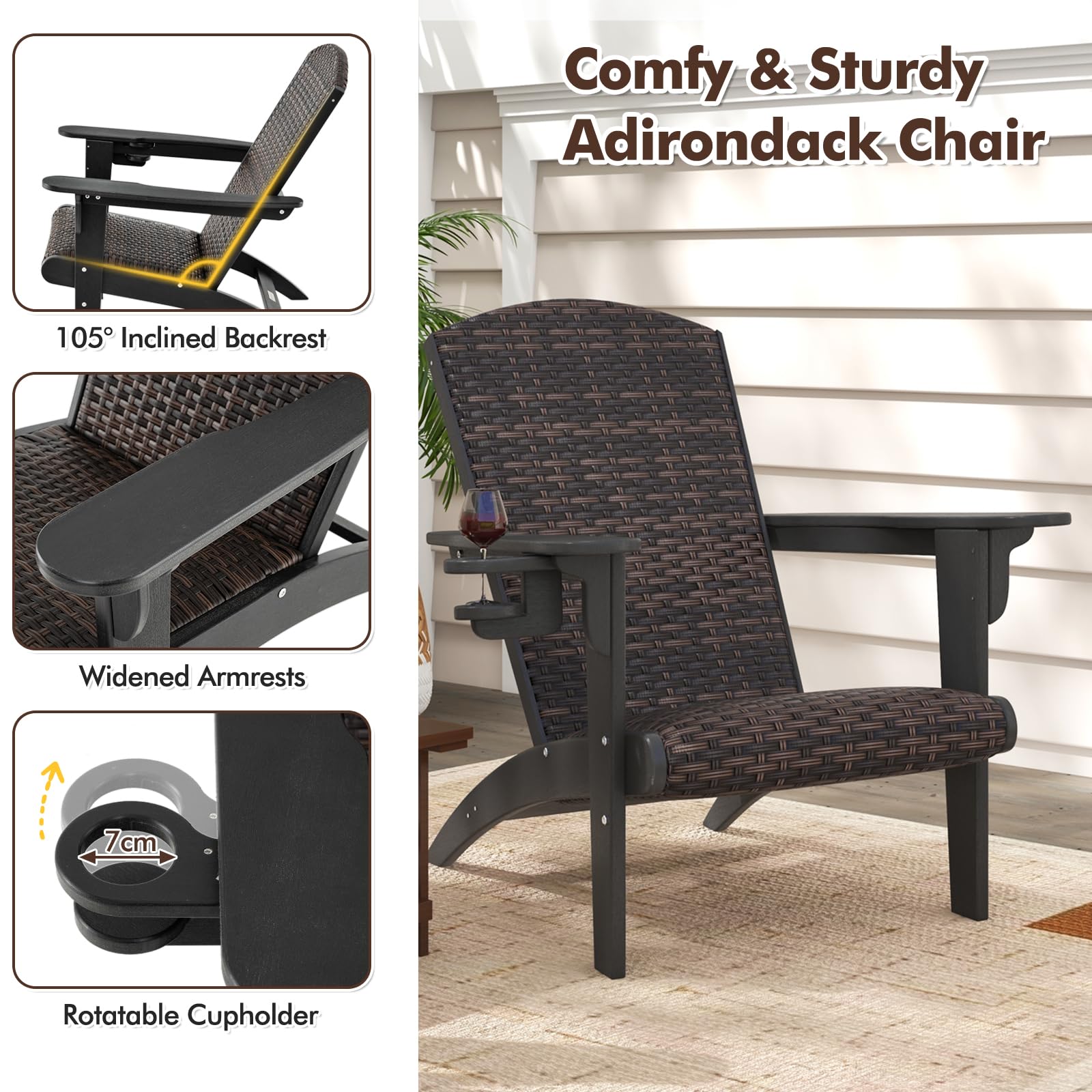 LIFEZEAL Sedia Adirondack da Esterno, in Plastica, Rattan PE, Imbottito da Spugna, con Braccioli, Portabicchiere, Resistente alle Intemperie, per Giardino, Terrazza, Patio, Aperto, Max 150kg (nero)