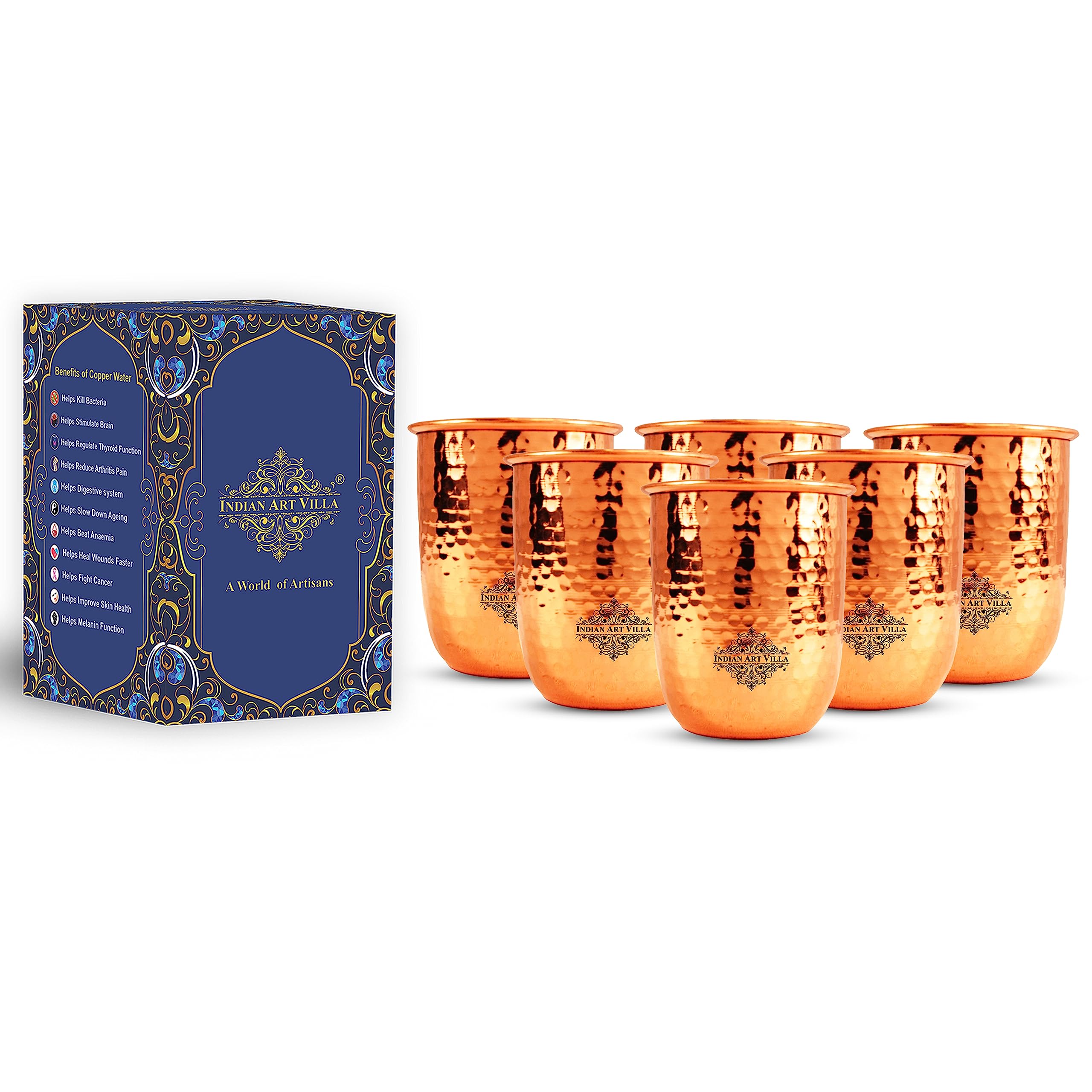 Indian Art Villa Pure Copper Round Hammered Design Tumbler Copper Glass Copper Vessel for Drinkware and Serveware Home